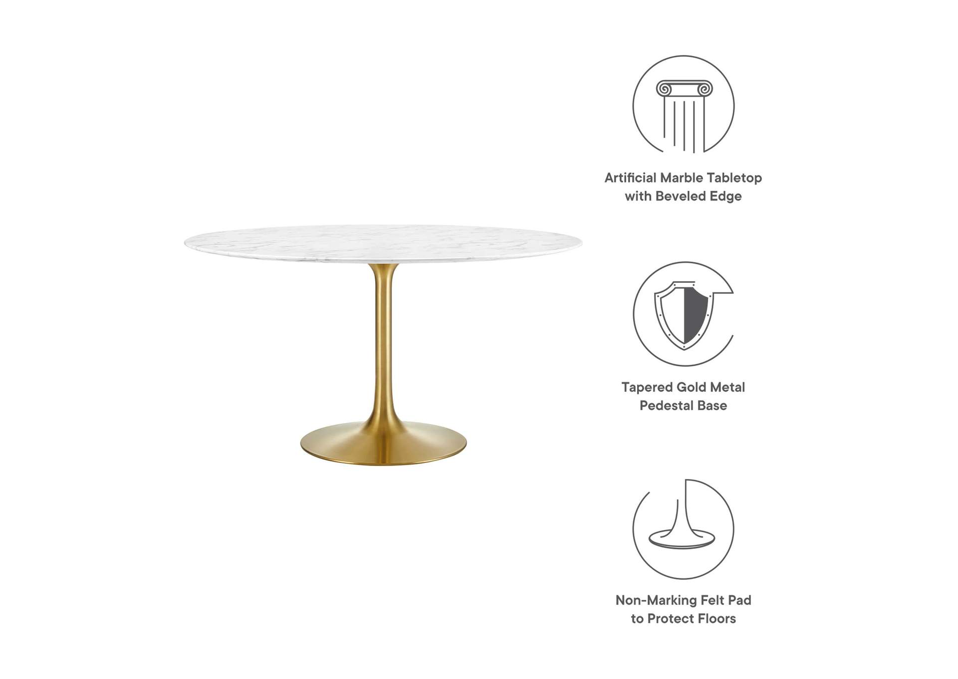 Gold White Lippa 54" Round Artificial Marble Dining Table,Modway