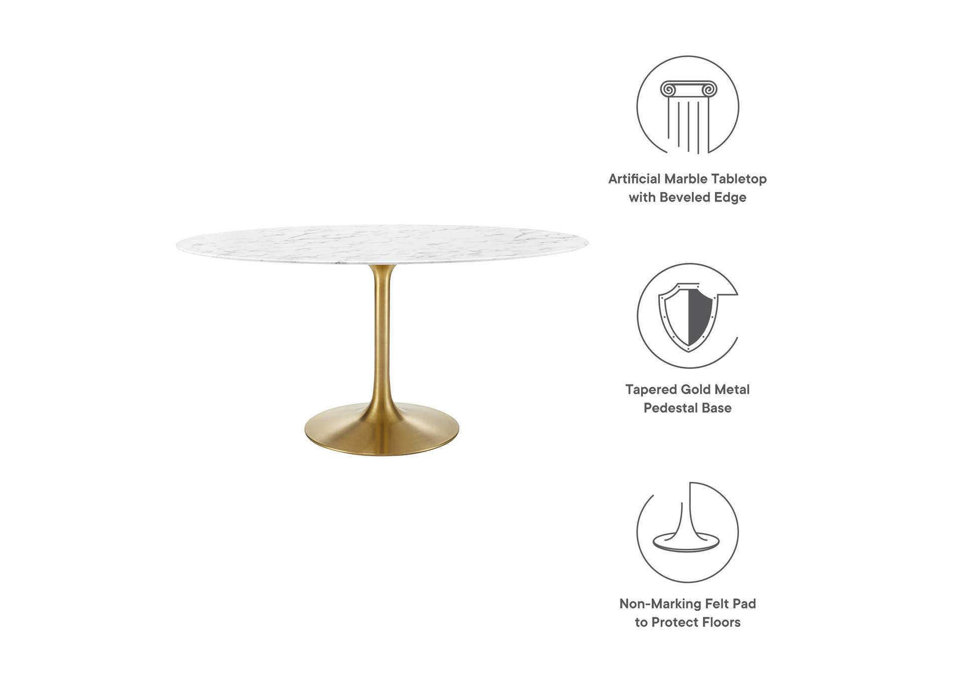 Gold White Lippa 60" Oval Artificial Marble Dining Table,Modway