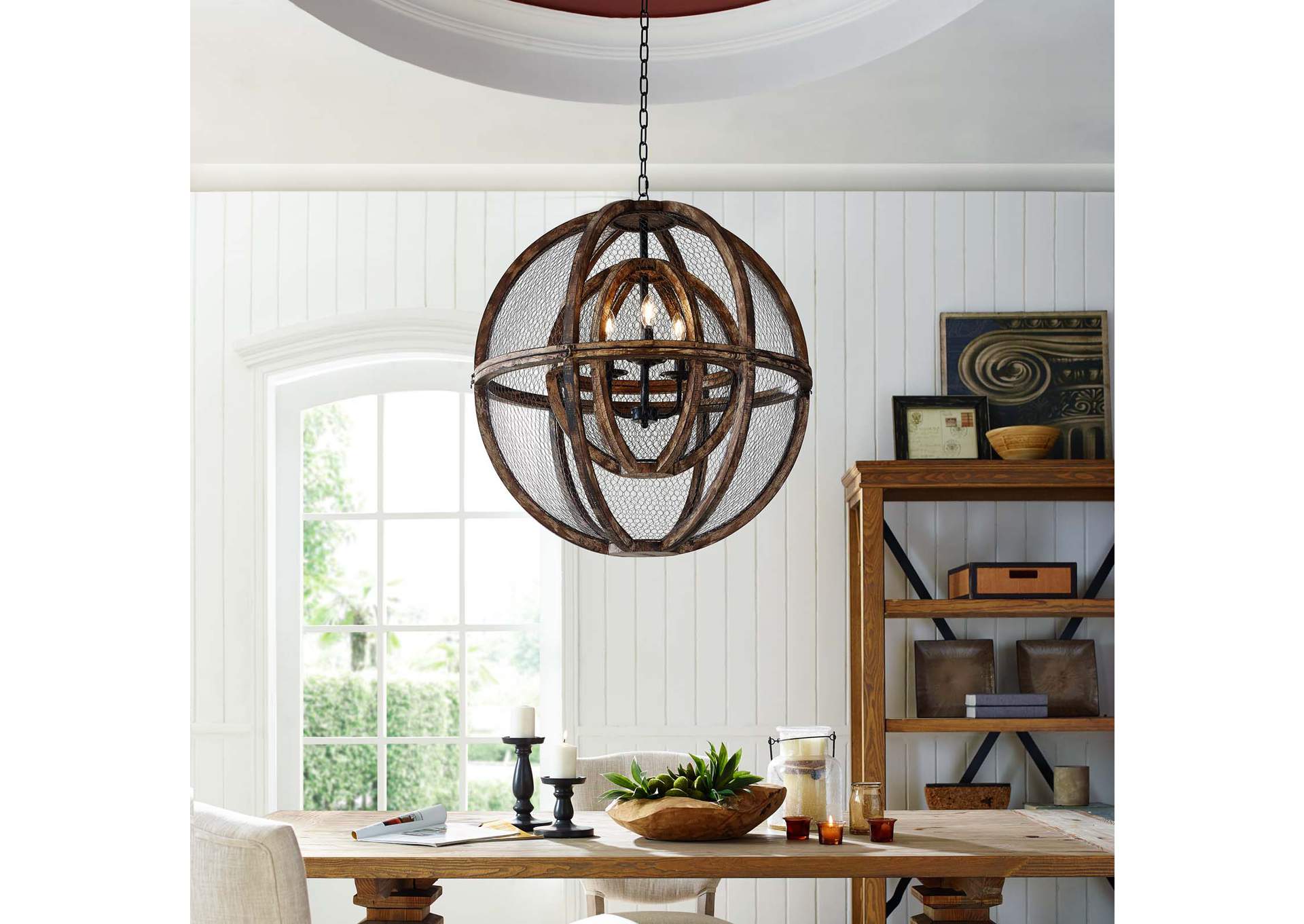 Gravitate Globe Rustic Oak Wood Pendant Light Chandelier,Modway