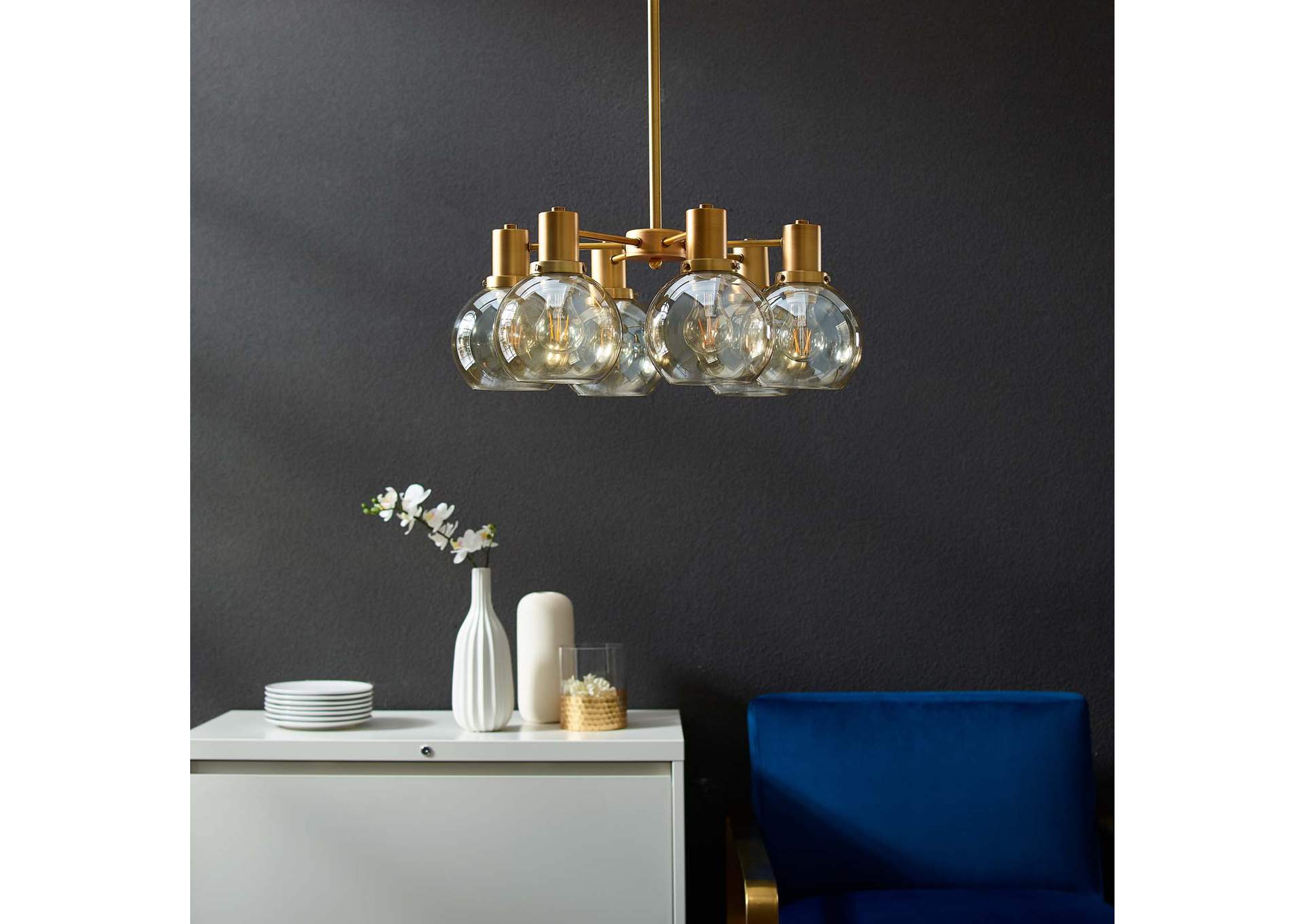 Resound Amber Glass And Brass Pendant Chandelier,Modway