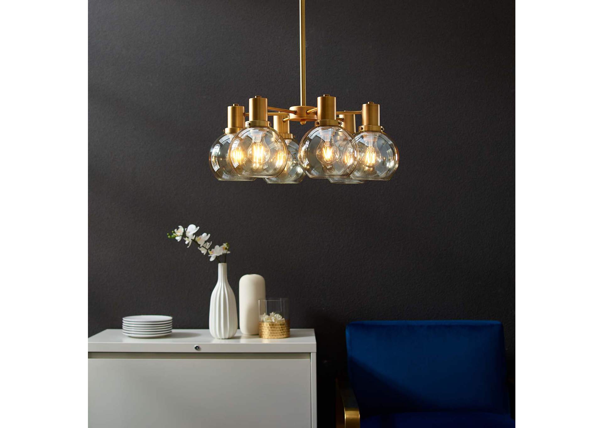 Resound Amber Glass And Brass Pendant Chandelier,Modway