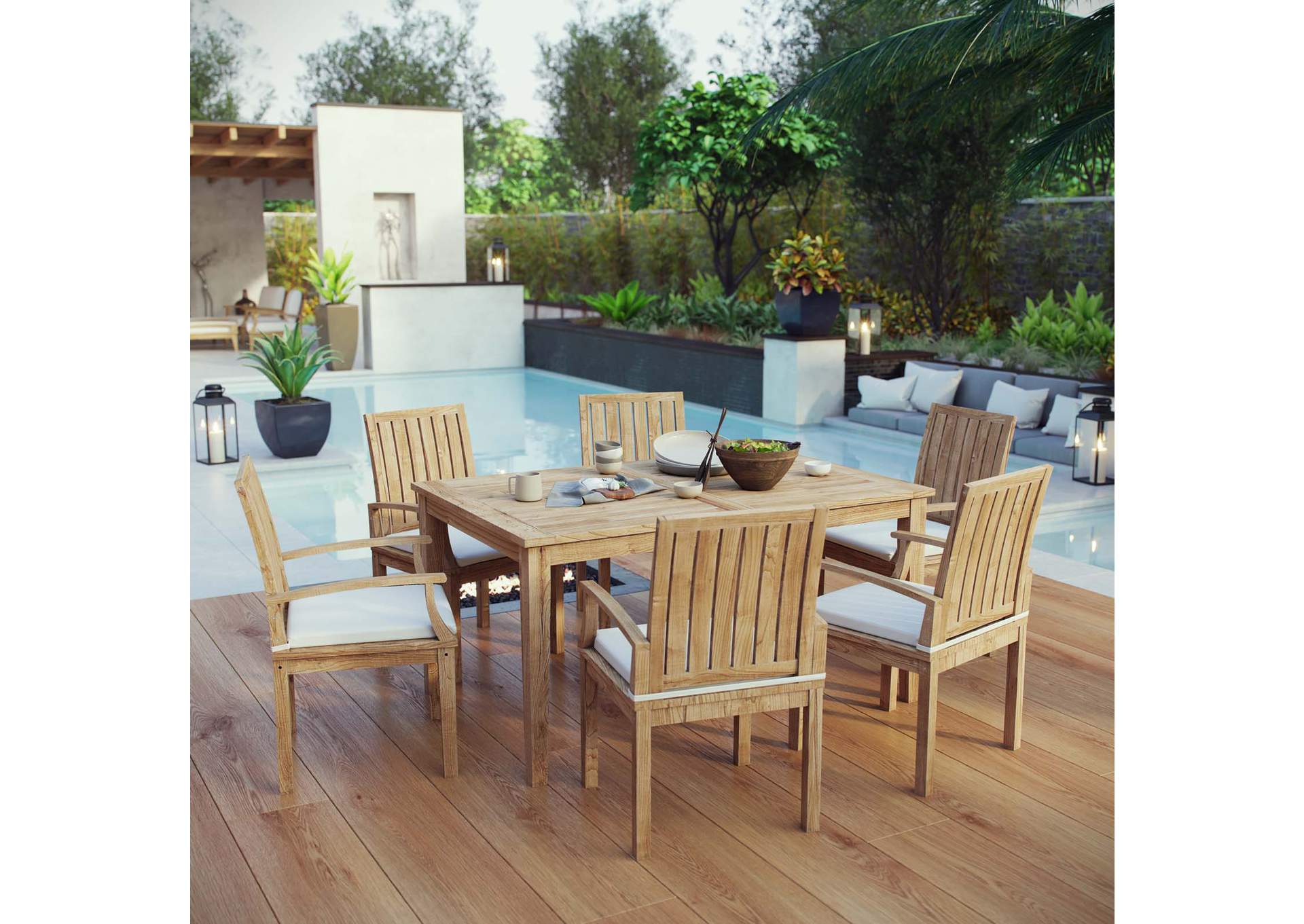 Natural White Marina 7 Piece Outdoor Patio Teak Dining Set,Modway