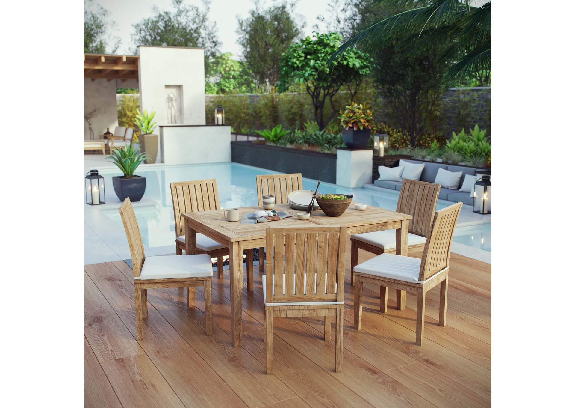 Natural White Marina 7 Piece Outdoor Patio Teak Dining Set,Modway