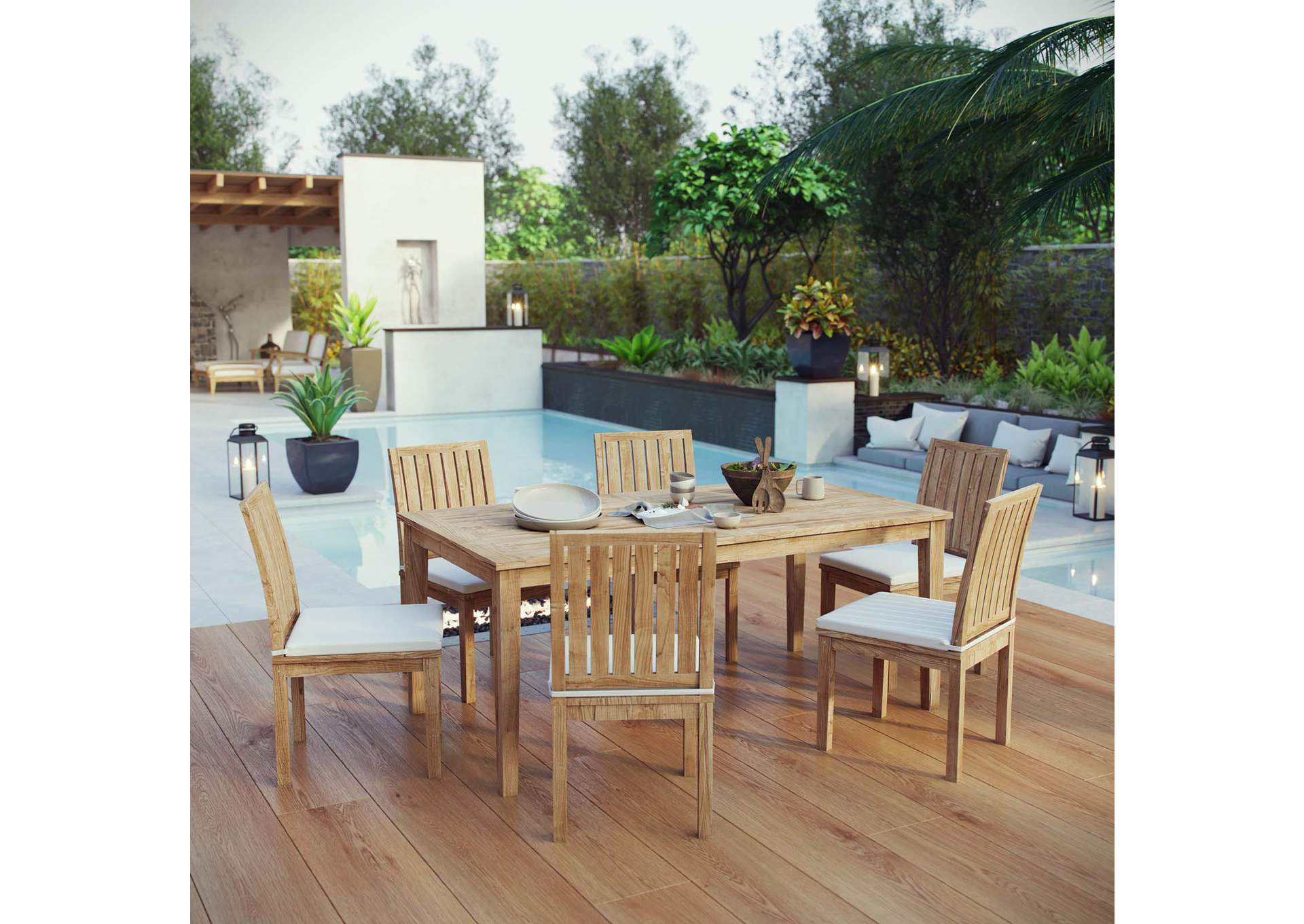 Natural White Marina 7 Piece Outdoor Patio Teak Dining Set,Modway