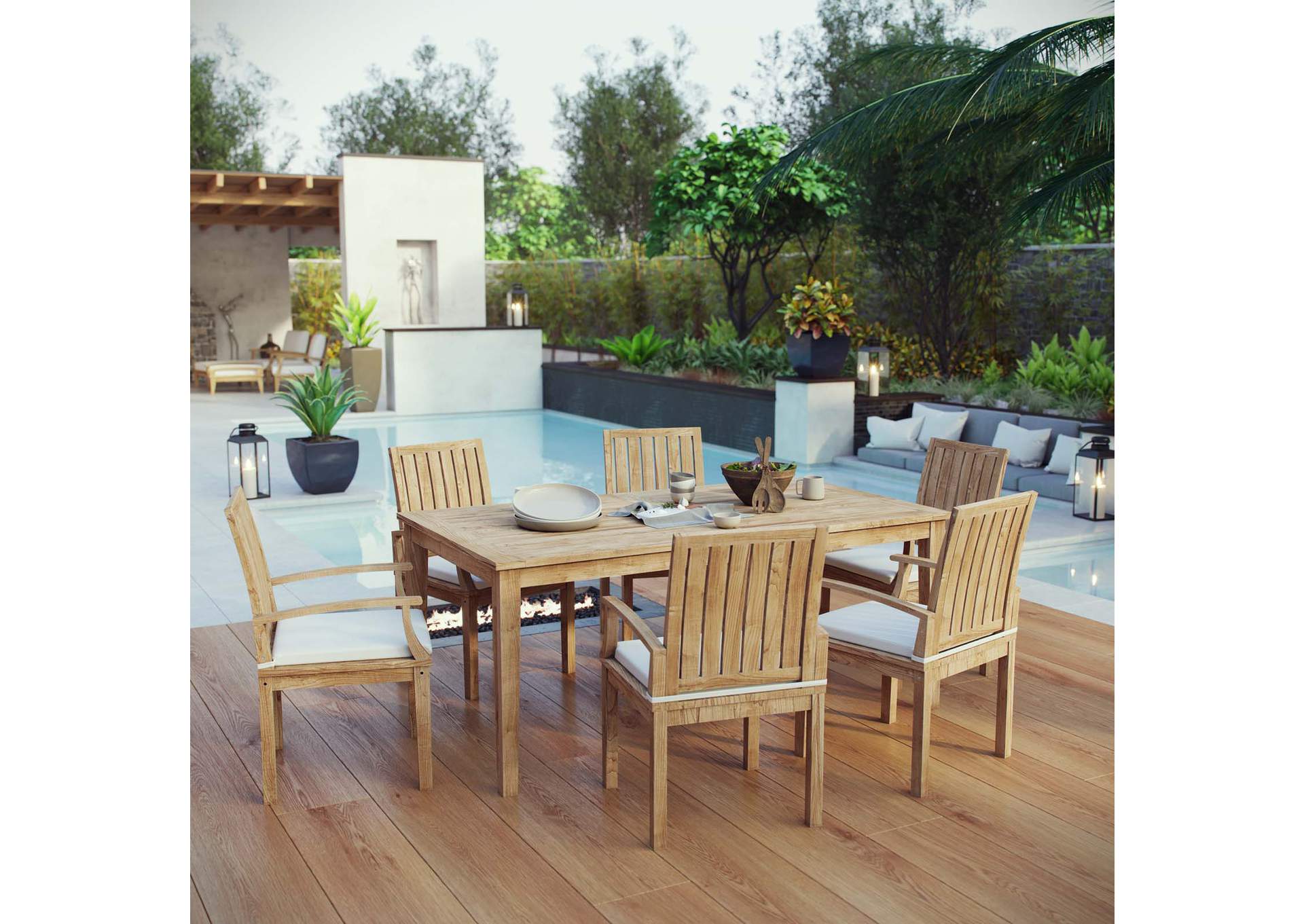 Natural White Marina 7 Piece Outdoor Patio Teak Dining Set,Modway