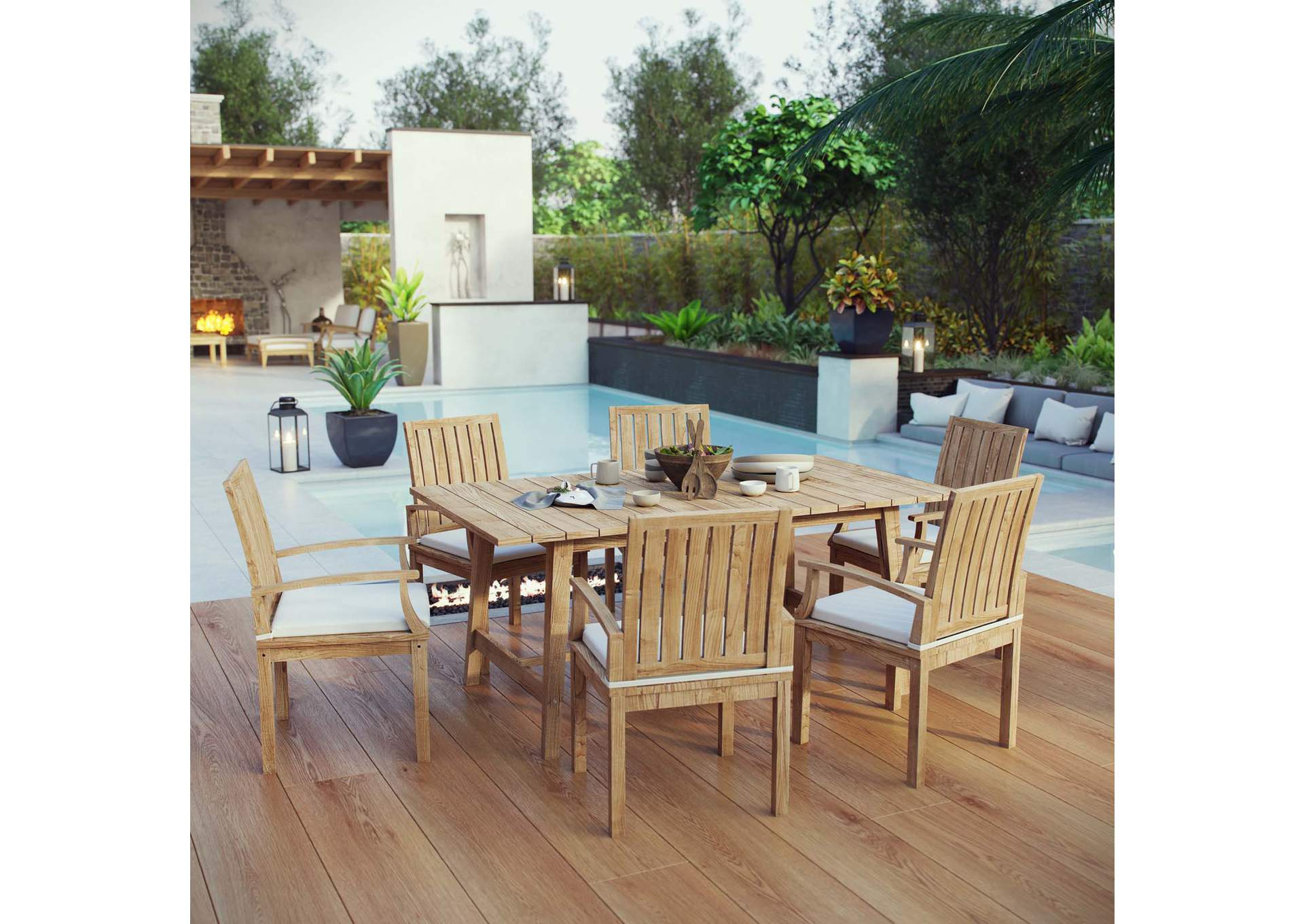 Natural White Marina 7 Piece Outdoor Patio Teak Dining Set,Modway