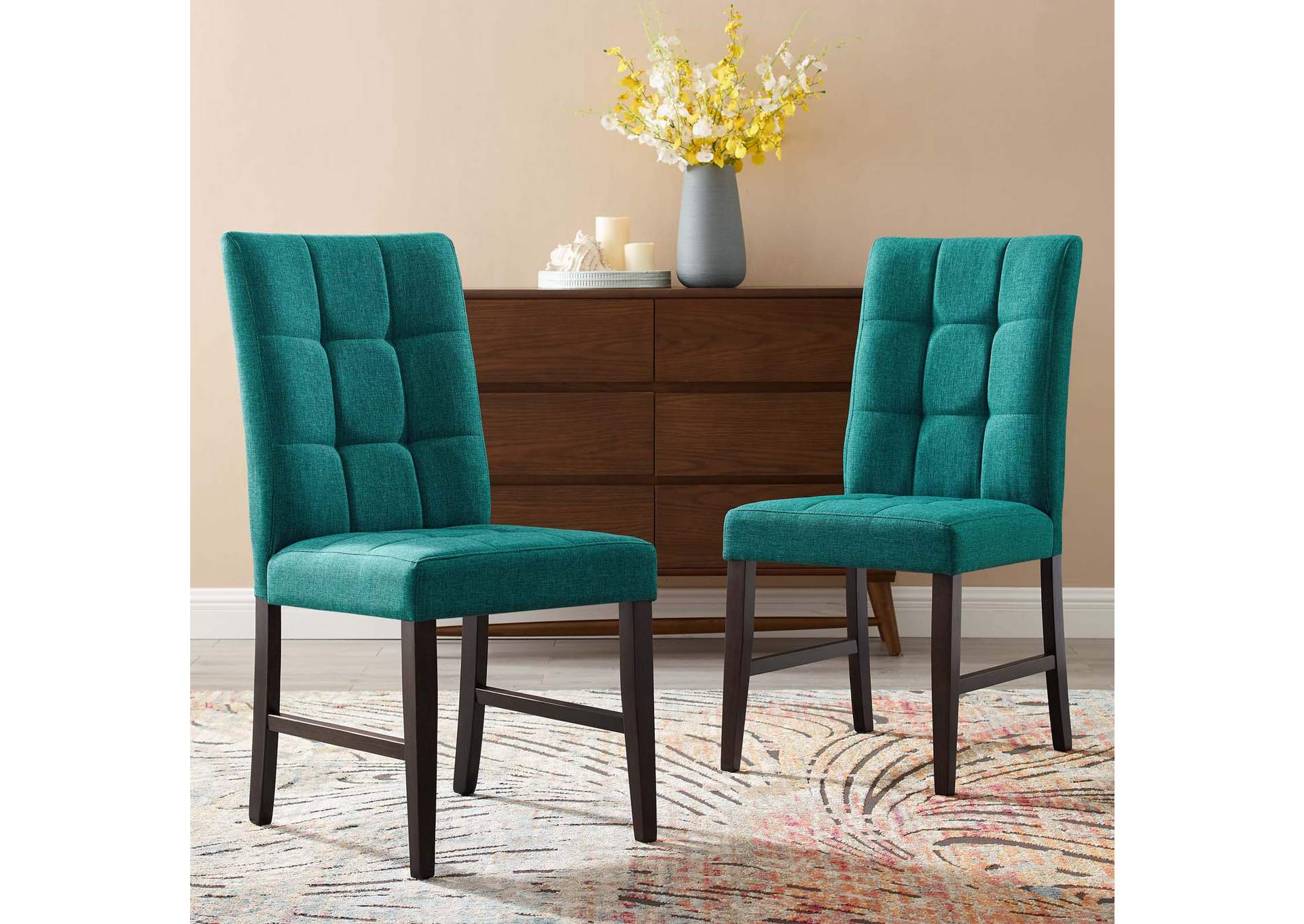 Teal Promulgate Biscuit Tufted Upholstered Fabric Dining Chair [Set of 2],Modway