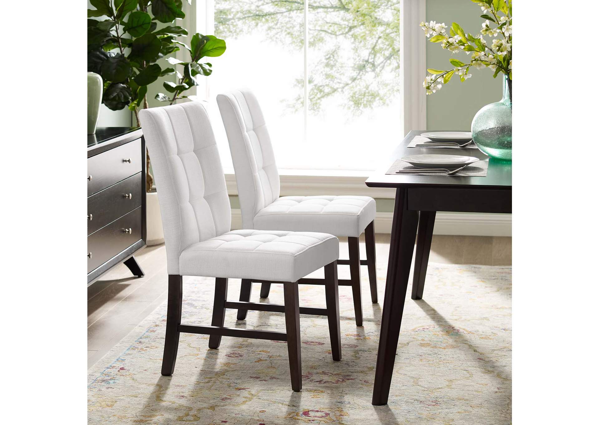 White Promulgate Biscuit Tufted Upholstered Fabric Dining Chair [Set of 2],Modway