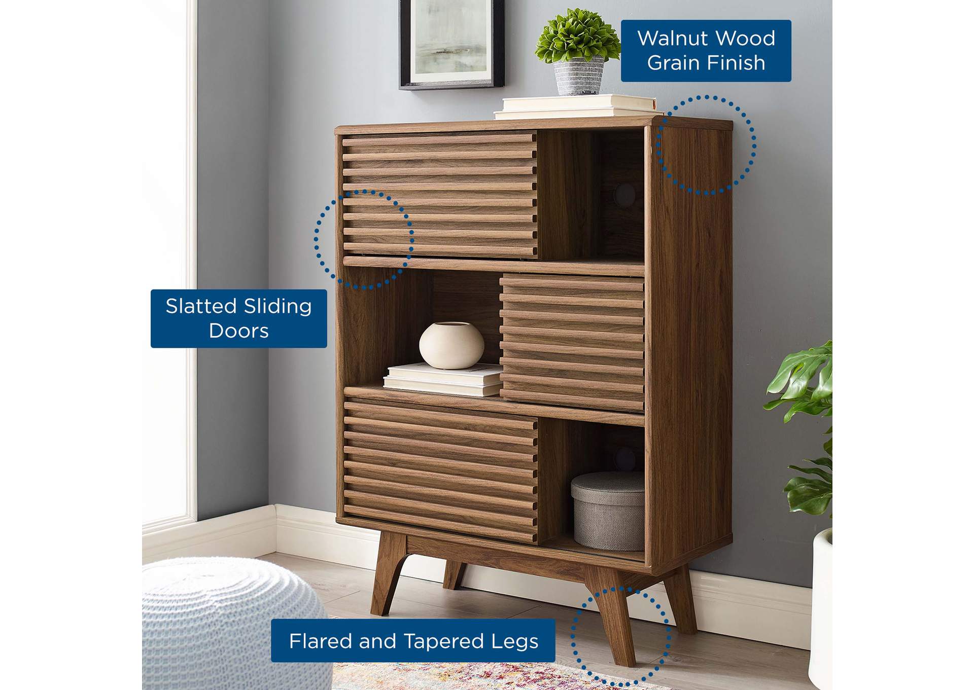 Walnut Render Three-Tier Display Storage Cabinet Stand,Modway