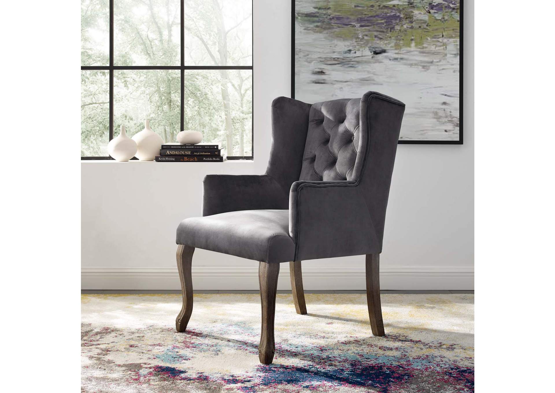 Gray Realm French Vintage Dining Performance Velvet Arm Dining Chair,Modway