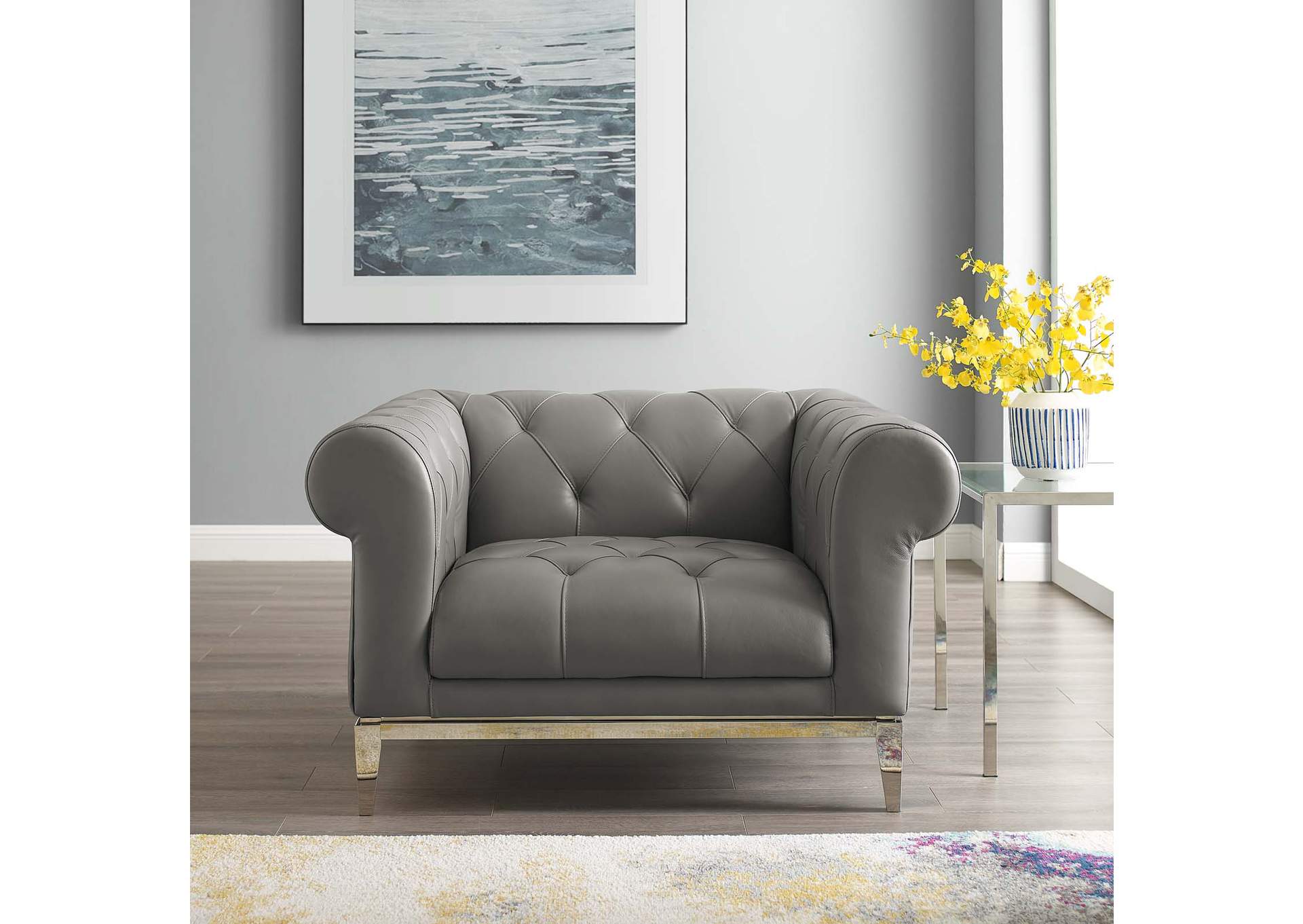 Gray Idyll Tufted Button Upholstered Leather Chesterfield Armchair,Modway