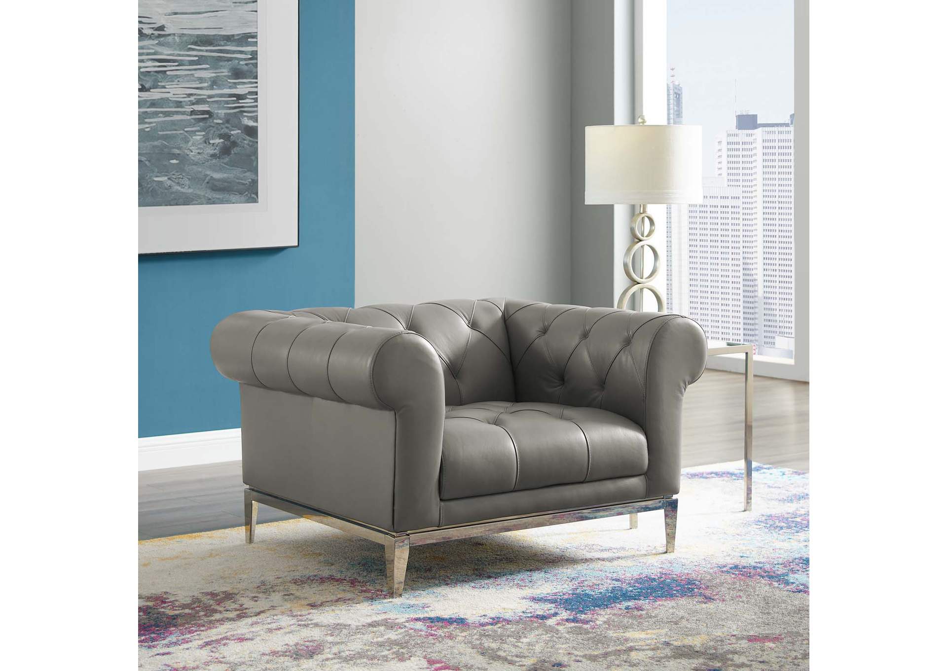 Gray Idyll Tufted Button Upholstered Leather Chesterfield Armchair,Modway