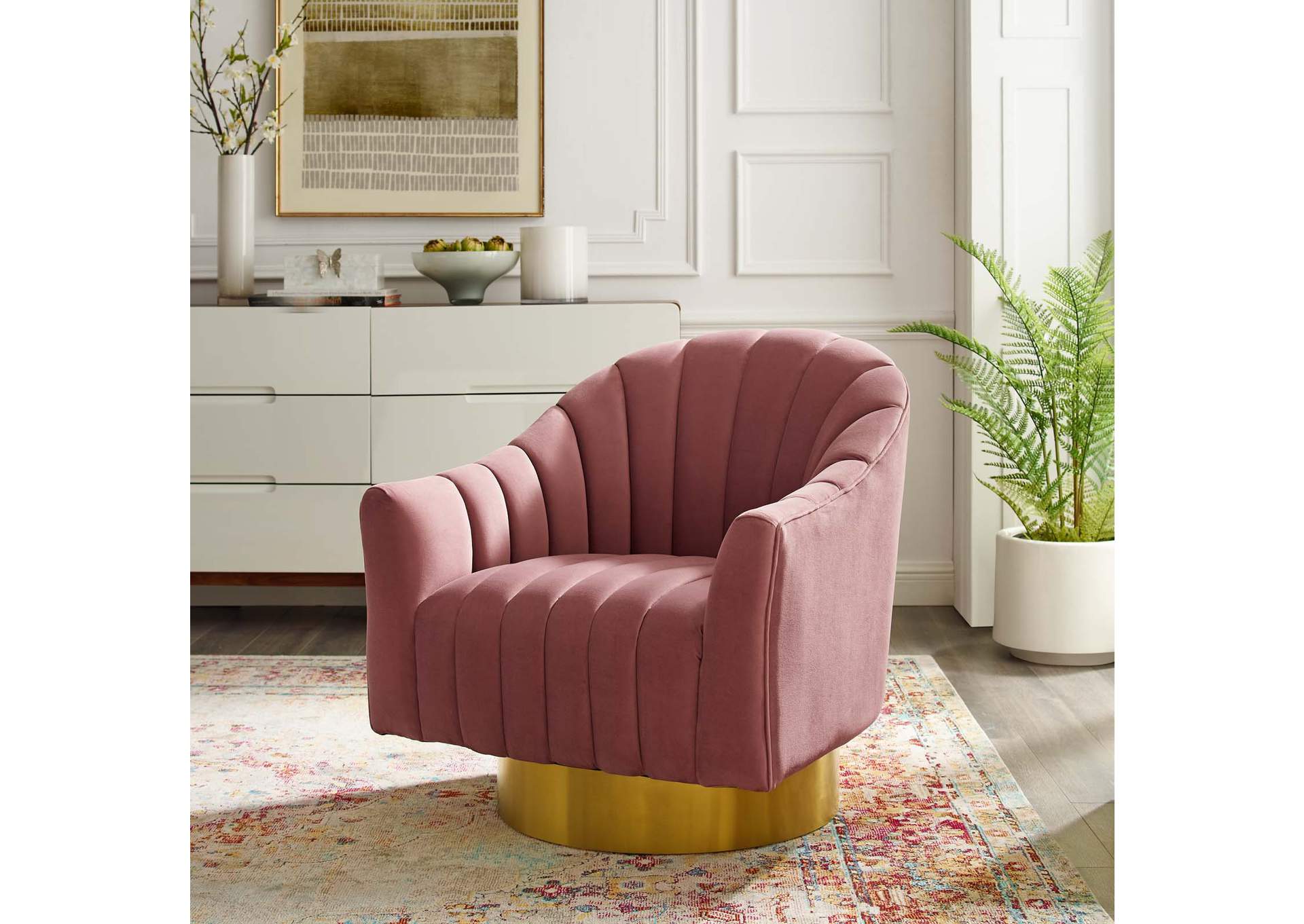 Dusty Rose Buoyant Vertical Channel Tufted Accent Lounge Performance Velvet Swivel Chair,Modway