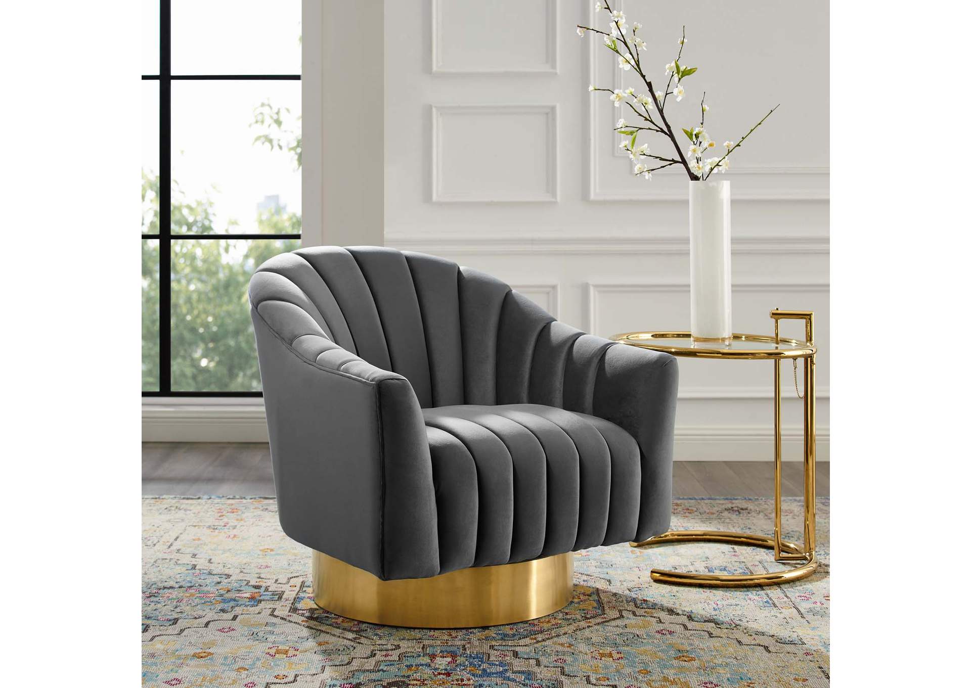 Gray Buoyant Vertical Channel Tufted Accent Lounge Performance Velvet Swivel Chair,Modway