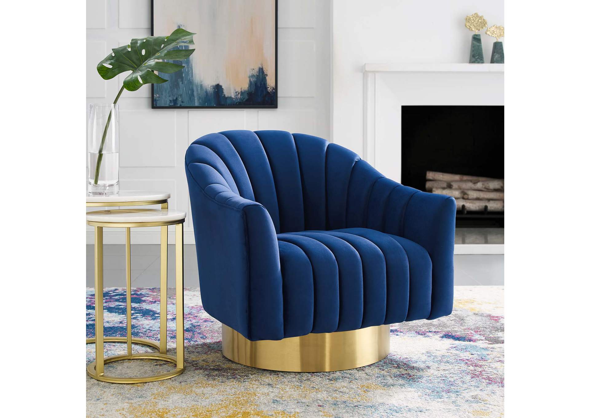 Navy Buoyant Vertical Channel Tufted Accent Lounge Performance Velvet Swivel Chair,Modway