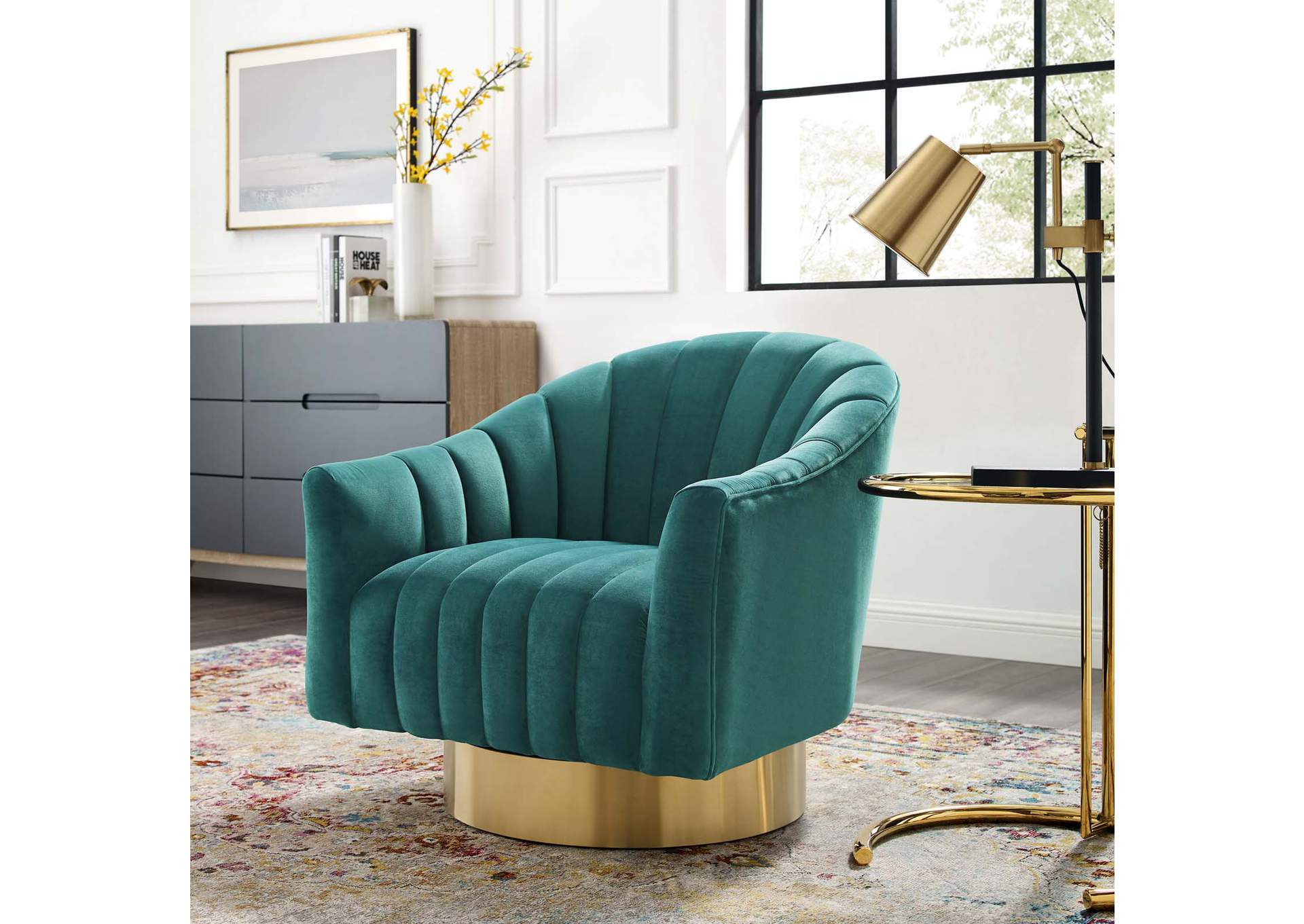 Teal Buoyant Vertical Channel Tufted Accent Lounge Performance Velvet Swivel Chair,Modway