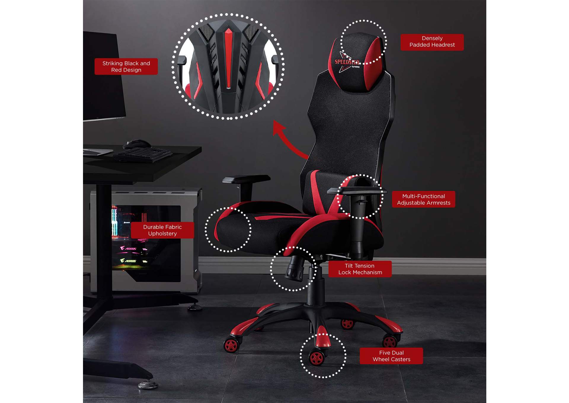 Black Red Speedster Mesh Gaming Computer Chair,Modway