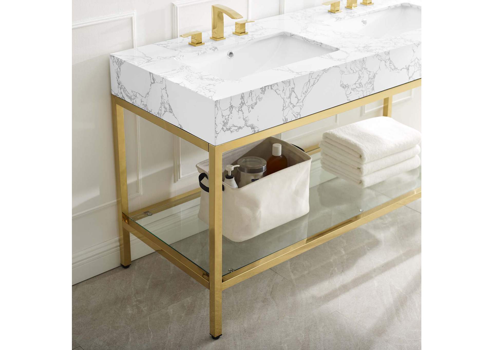 Gold White Kingsley 60" Gold Stainless Steel Bathroom Vanity,Modway