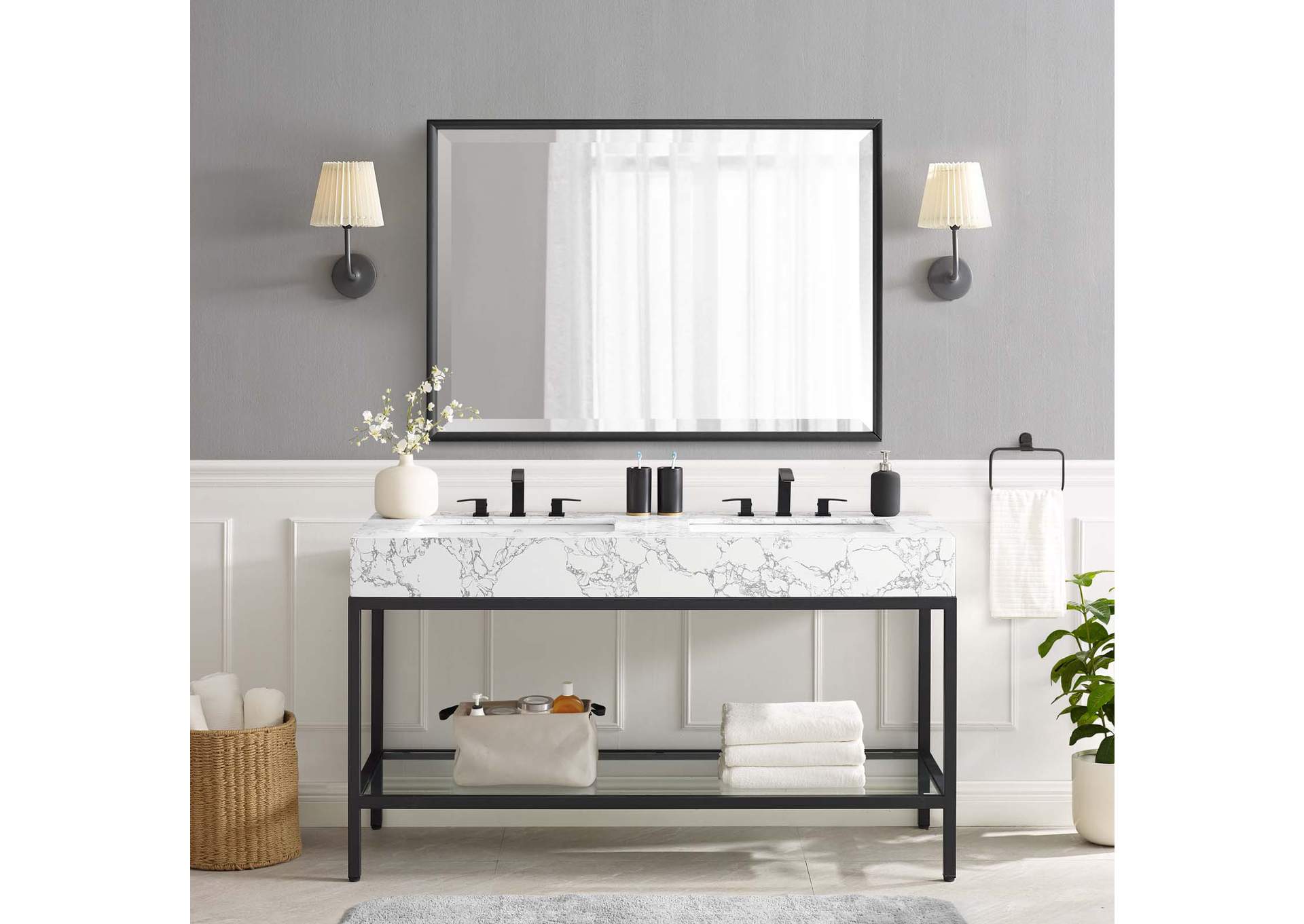 Black White Kingsley 60" Black Stainless Steel Bathroom Vanity,Modway