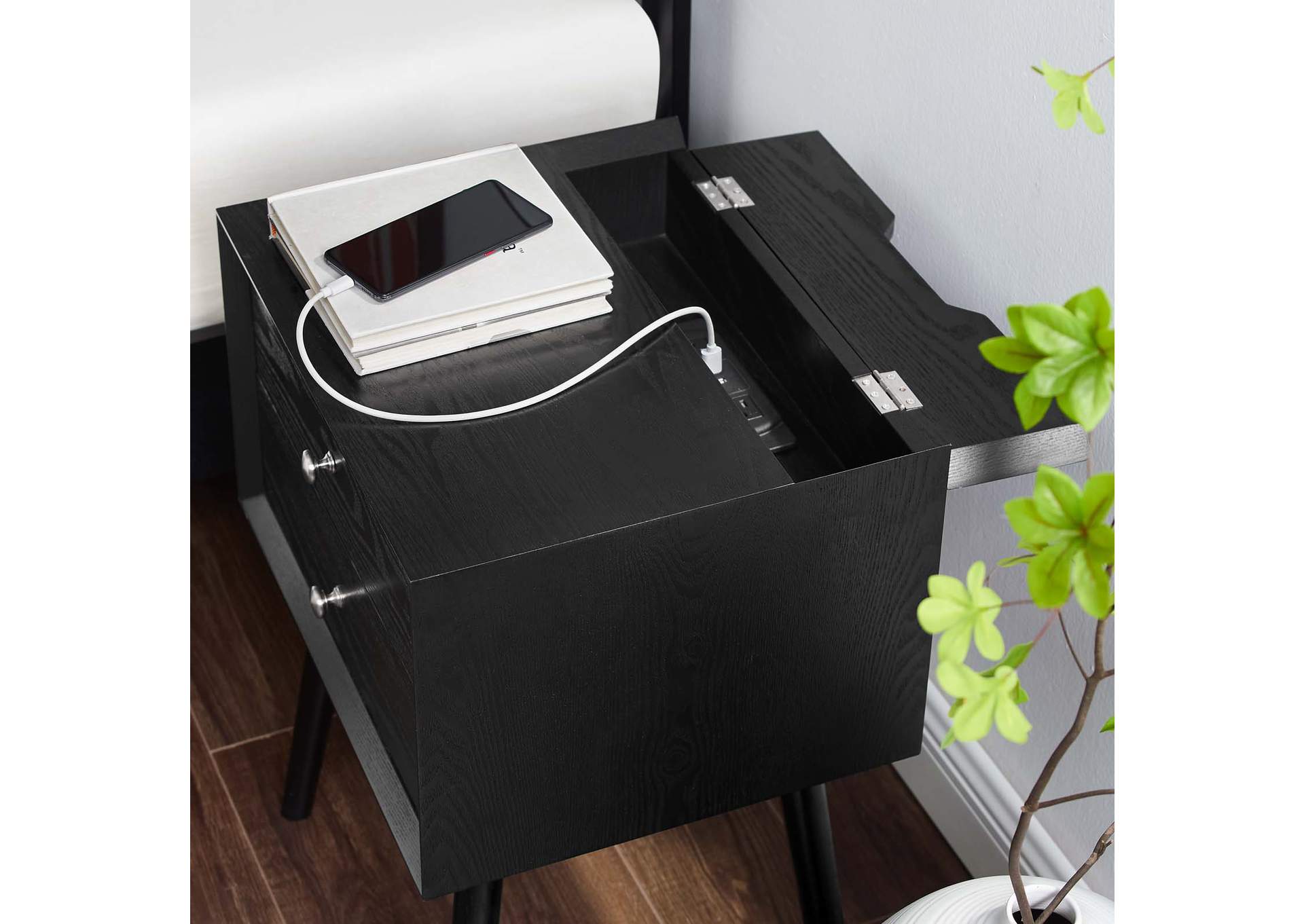 Black Black Ember Wood Nightstand With USB Ports,Modway