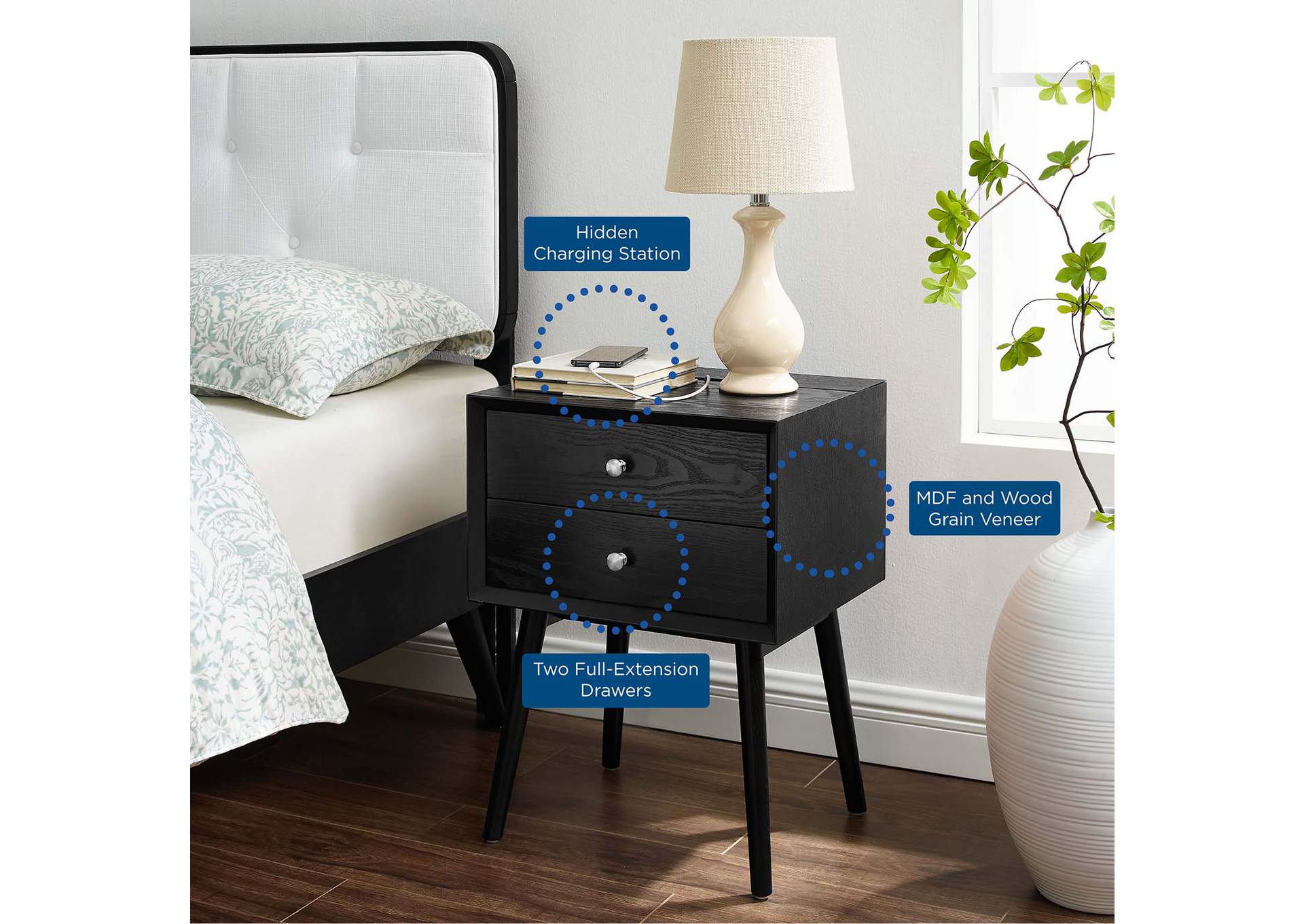 Black Black Ember Wood Nightstand With USB Ports,Modway