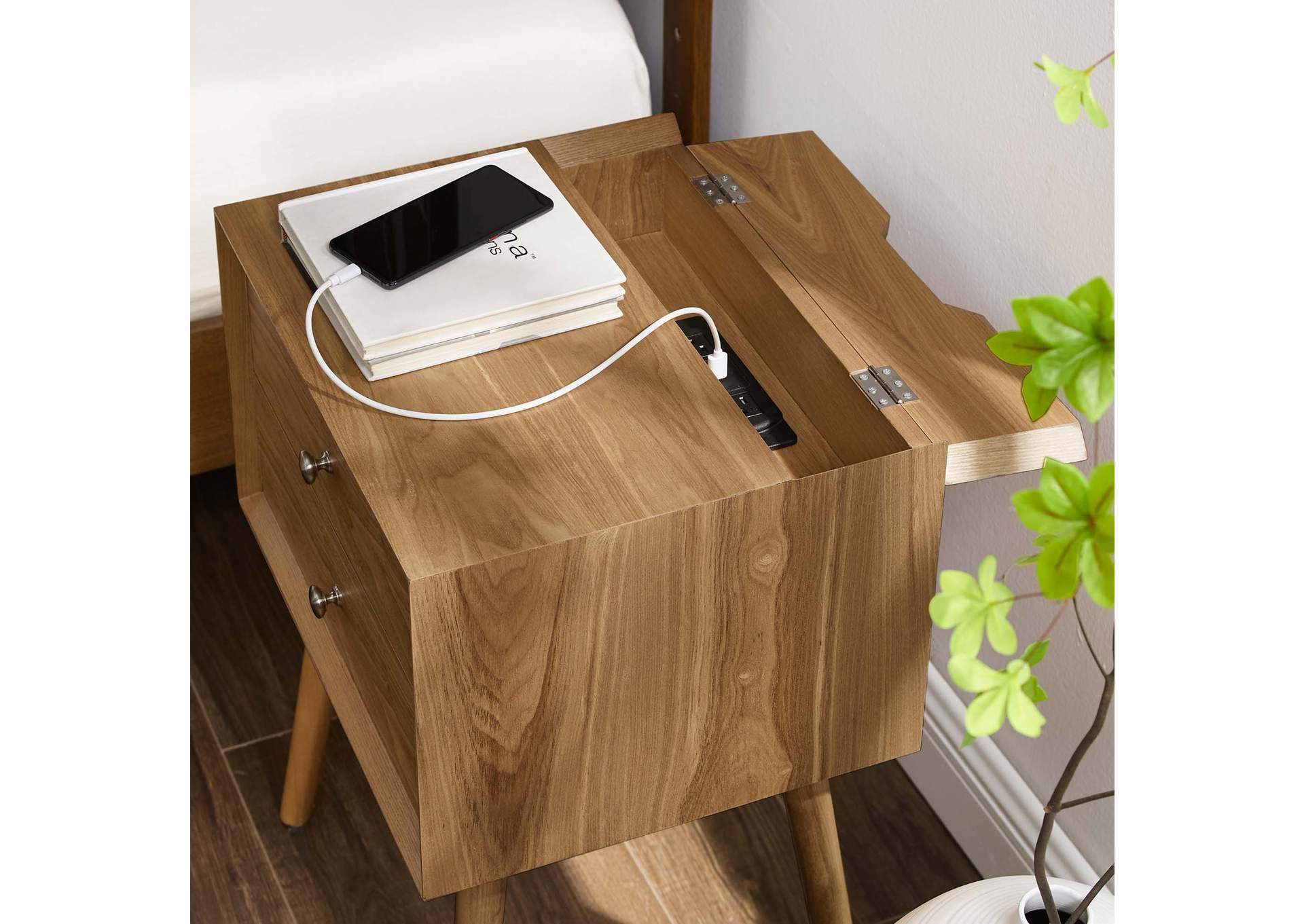 Natural Natural Ember Wood Nightstand With USB Ports,Modway