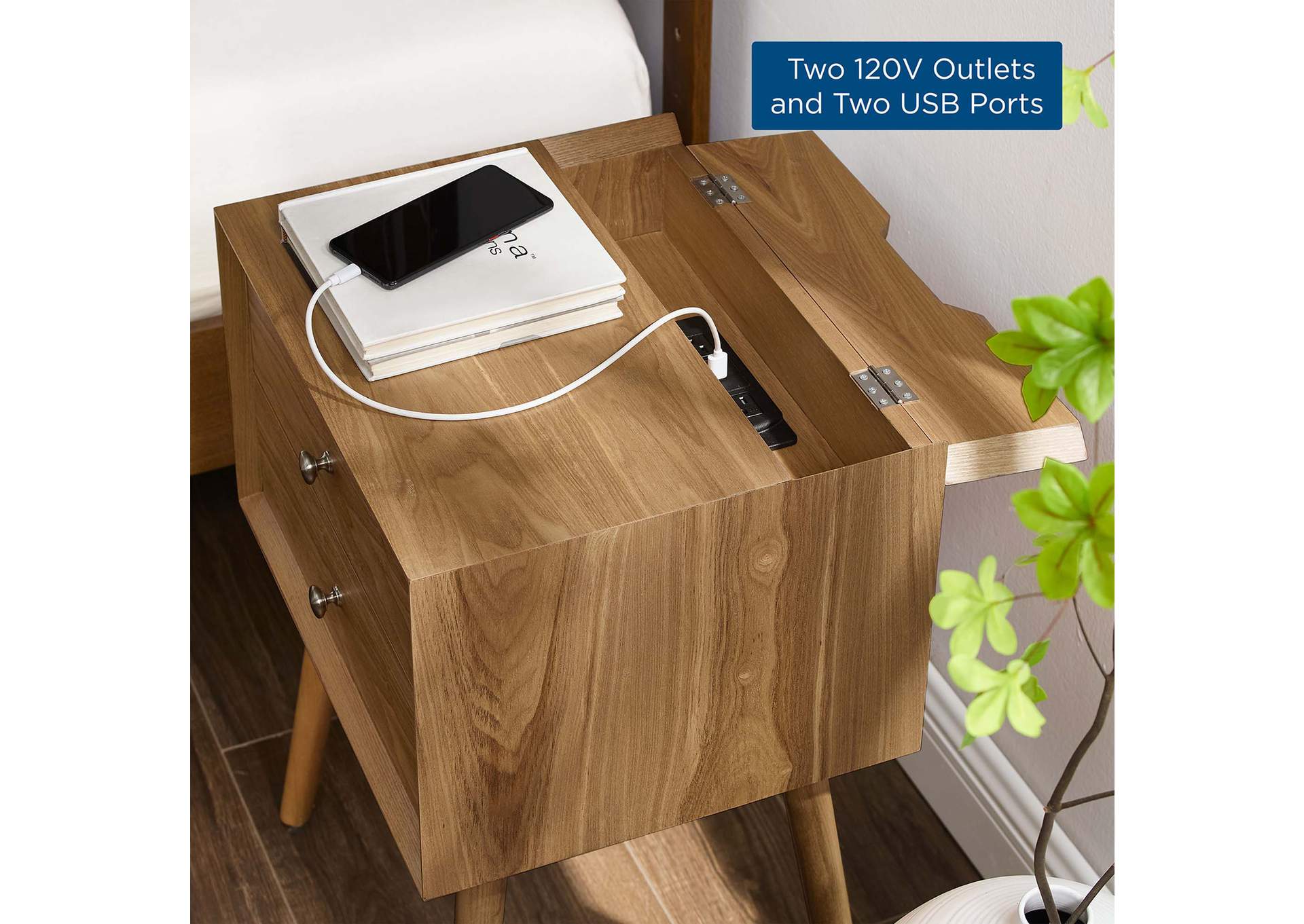 Natural Natural Ember Wood Nightstand With USB Ports,Modway