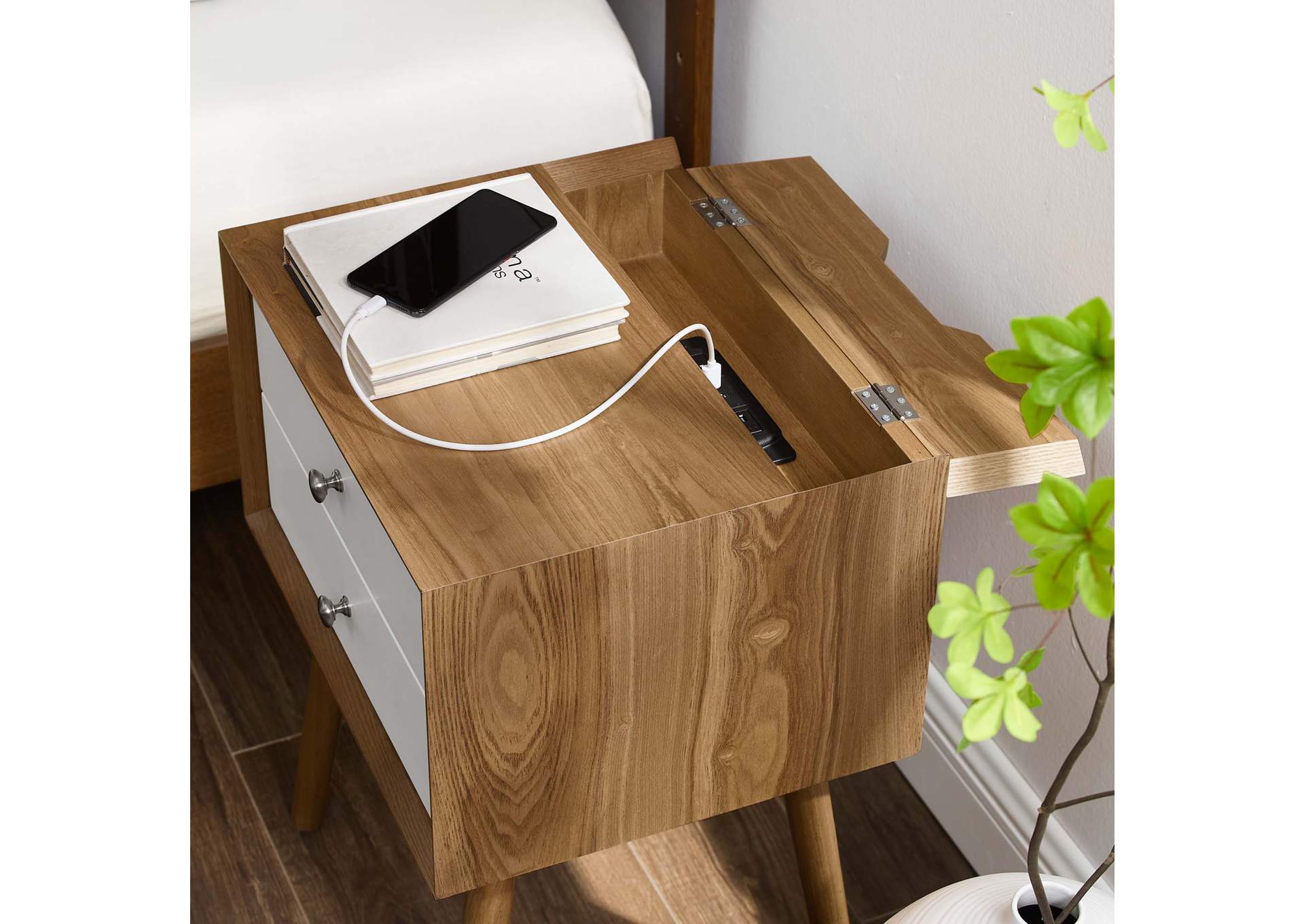 Natural White Ember Wood Nightstand With USB Ports,Modway