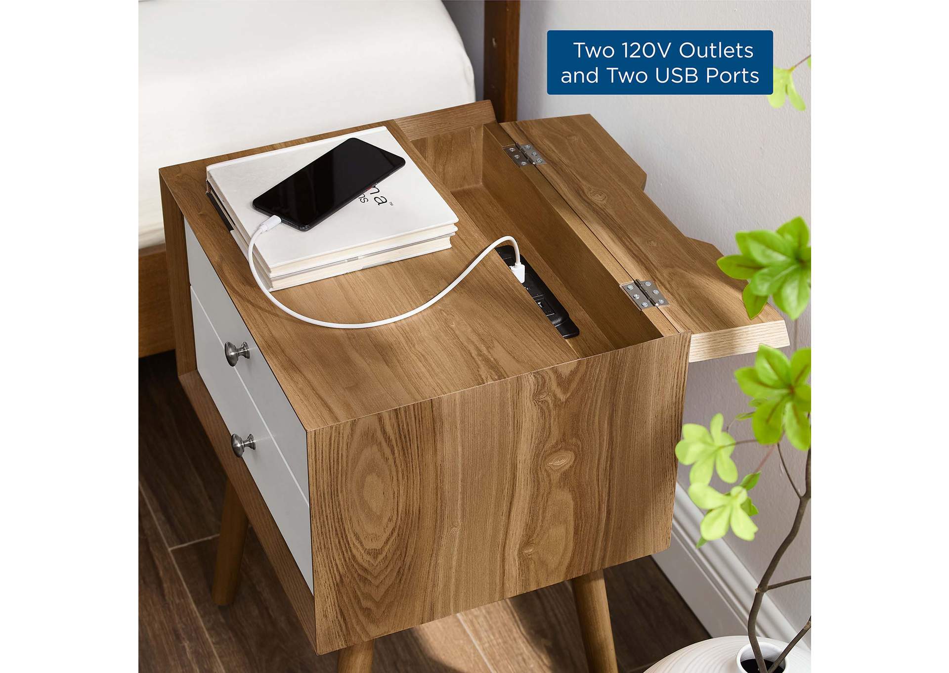 Natural White Ember Wood Nightstand With USB Ports,Modway