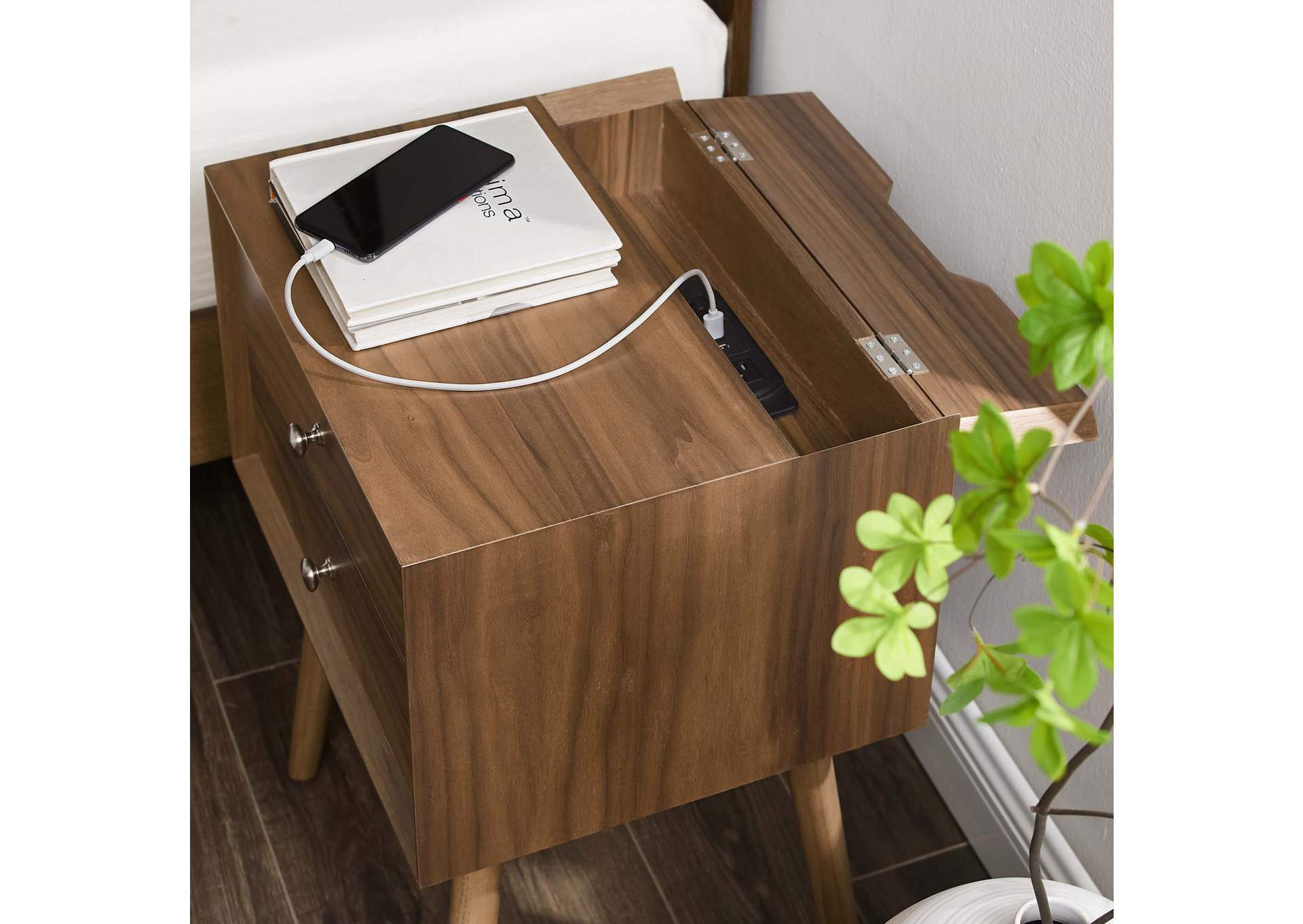 Walnut Walnut Ember Wood Nightstand With USB Ports,Modway