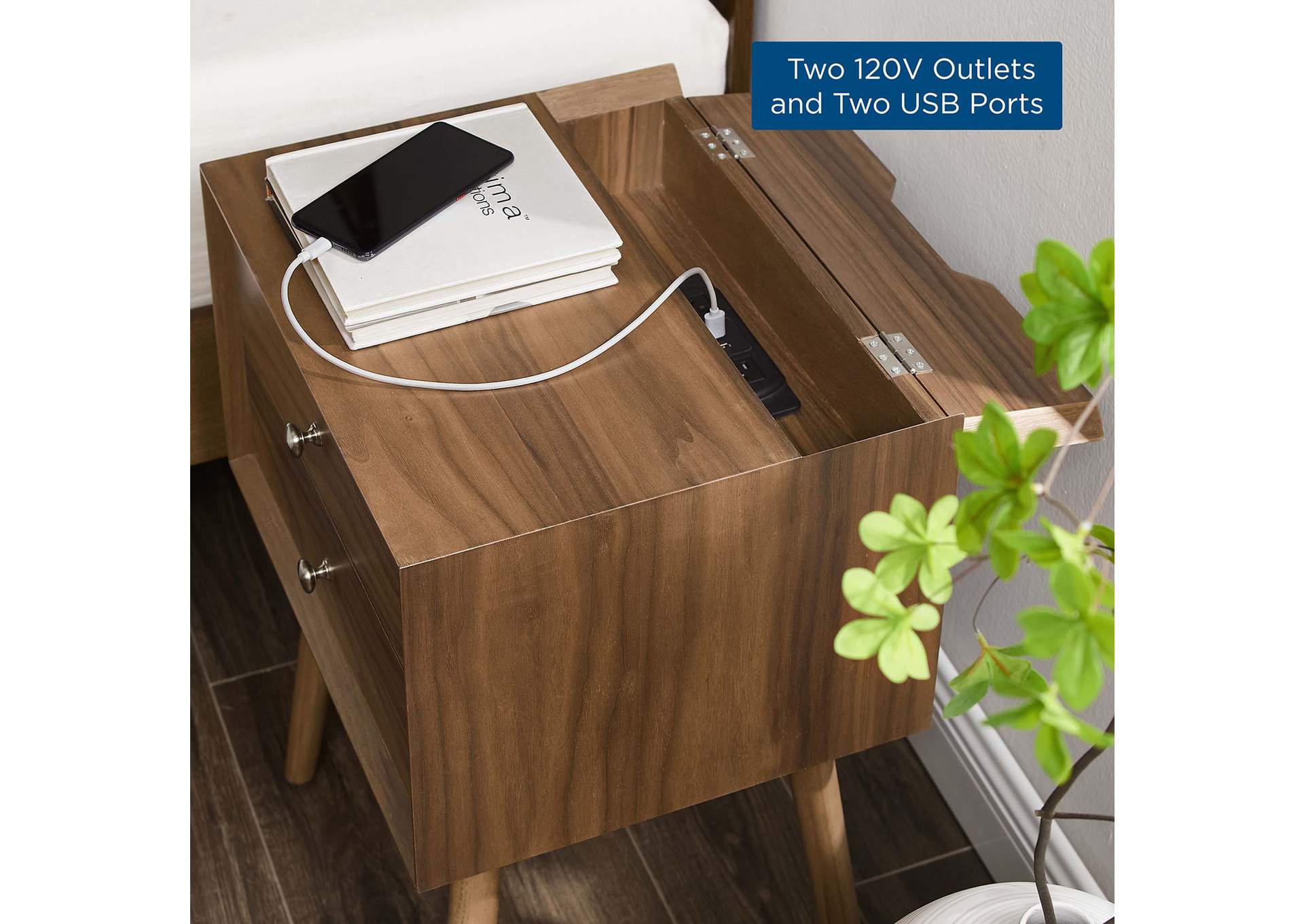 Walnut Walnut Ember Wood Nightstand With USB Ports,Modway