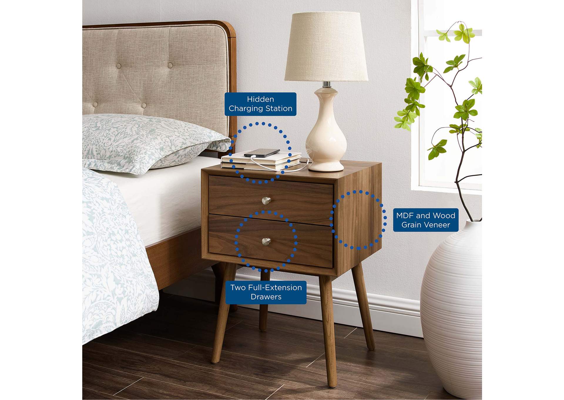 Walnut Walnut Ember Wood Nightstand With USB Ports,Modway