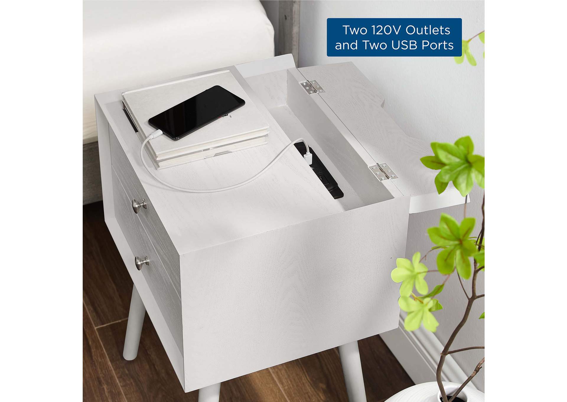 White White Ember Wood Nightstand With USB Ports,Modway