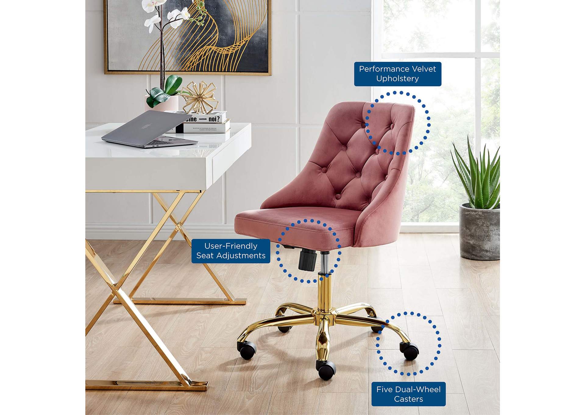 Gold Dusty Rose Distinct Tufted Swivel Performance Velvet Office Chair,Modway