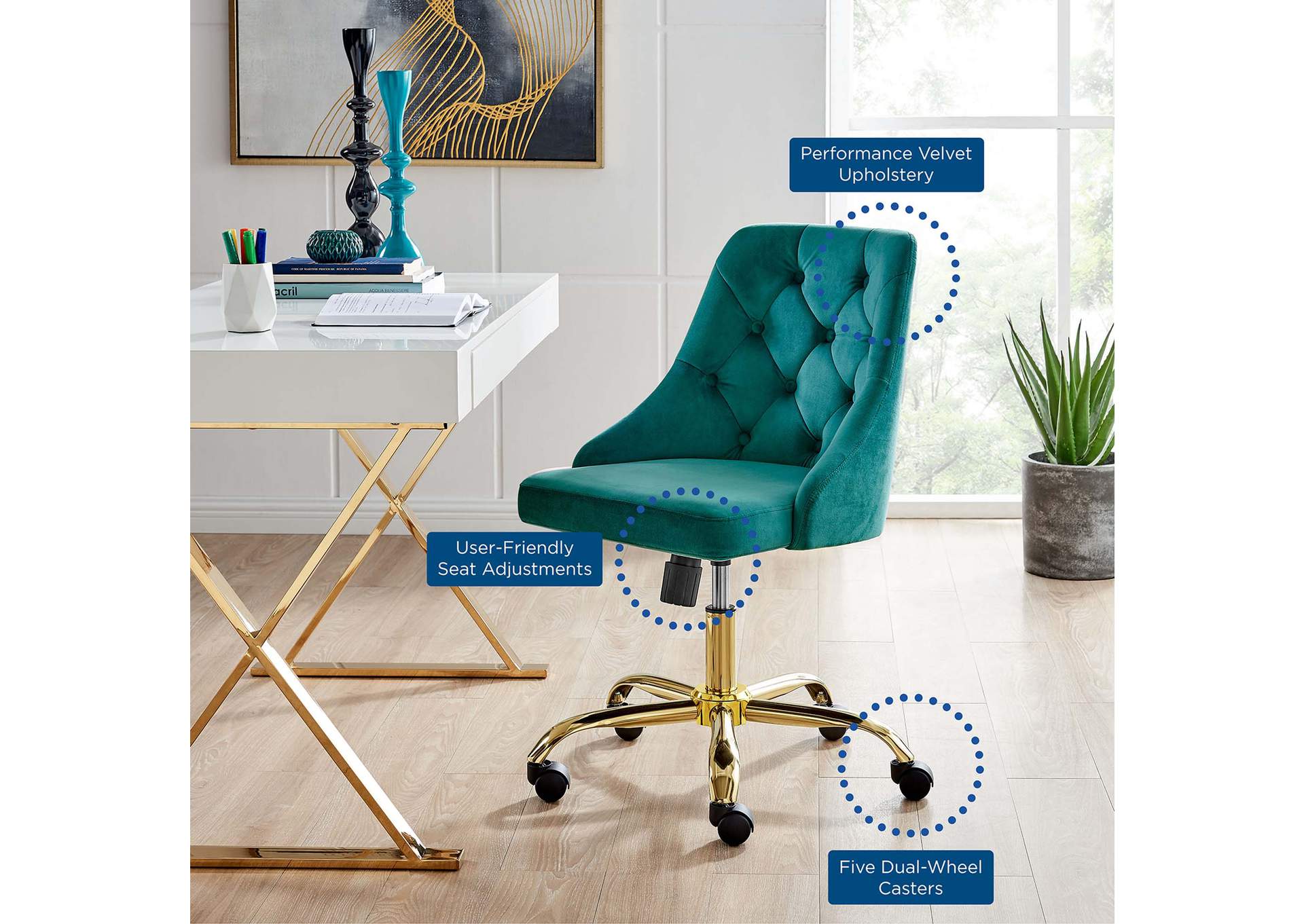 Gold Teal Distinct Tufted Swivel Performance Velvet Office Chair,Modway