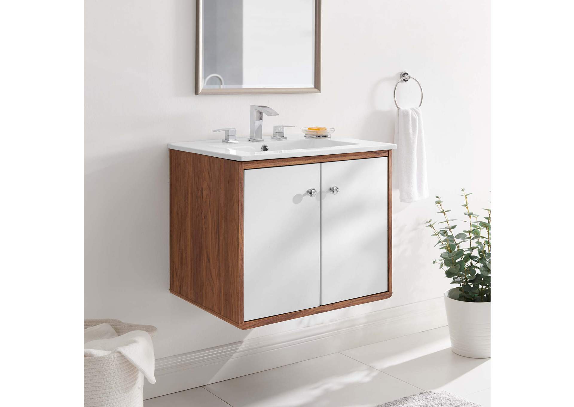 Walnut White Transmit 24" 	Wall-Mount Bathroom Vanity,Modway