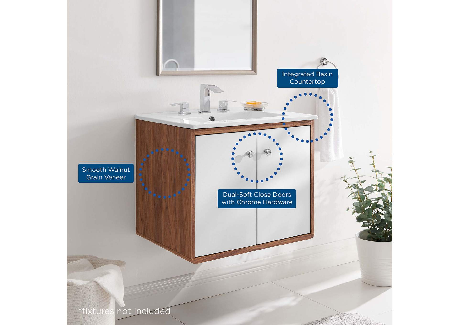 Walnut White Transmit 24" 	Wall-Mount Bathroom Vanity,Modway