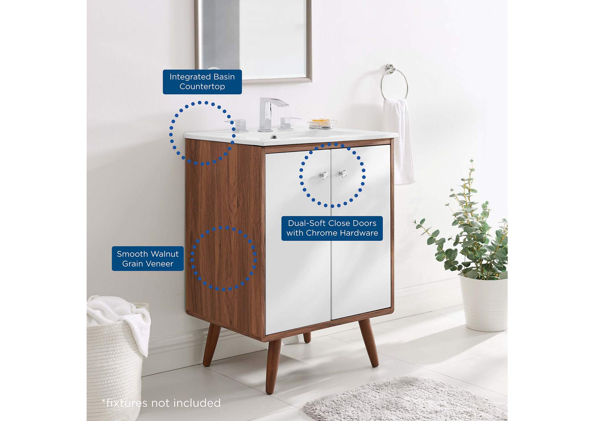 Walnut White Transmit 24" Bathroom Vanity,Modway