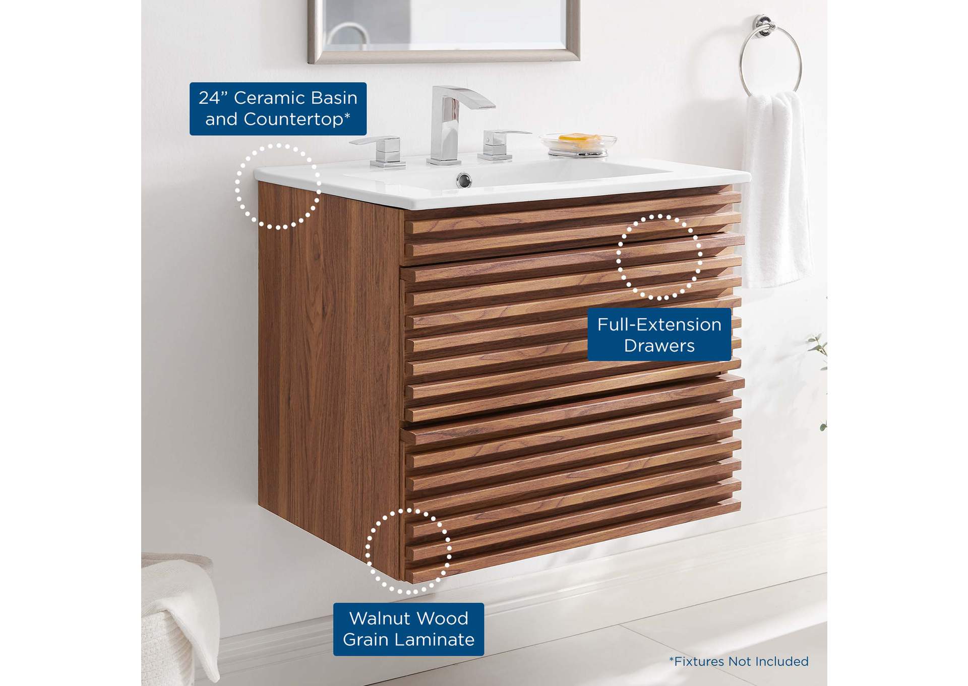 Walnut White Render 24" Wall-Mount Bathroom Vanity,Modway