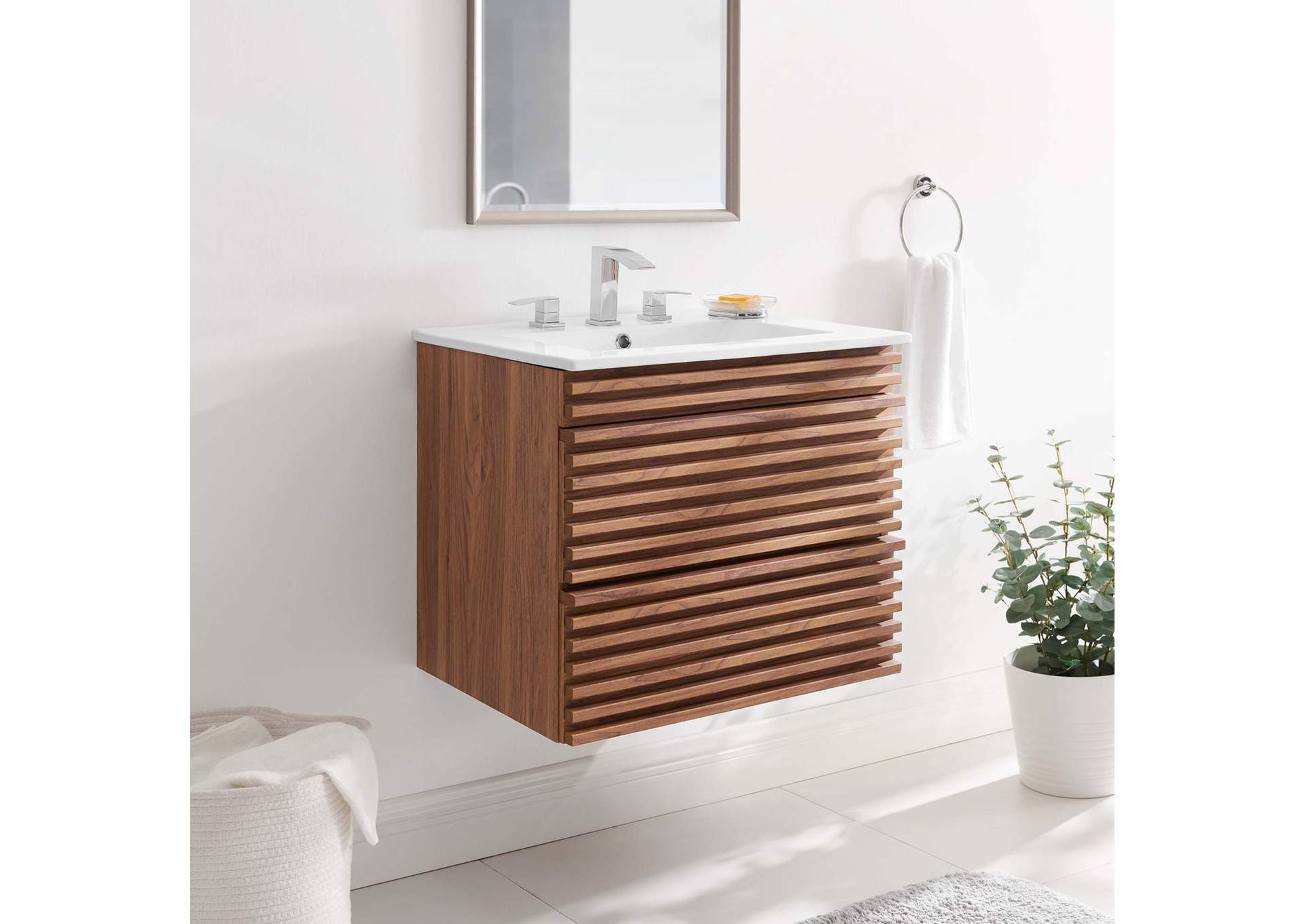 Walnut White Render 24" Wall-Mount Bathroom Vanity,Modway