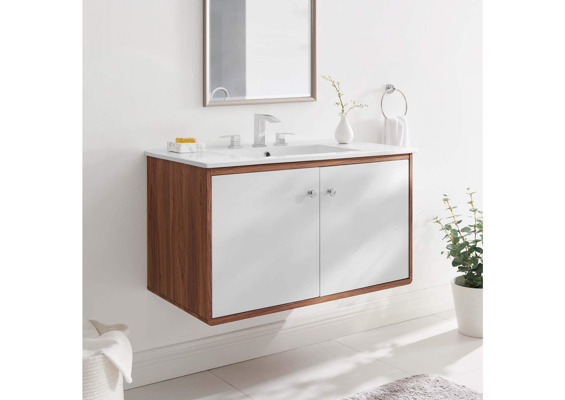 Walnut White Transmit 36" Wall-Mount Bathroom Vanity,Modway