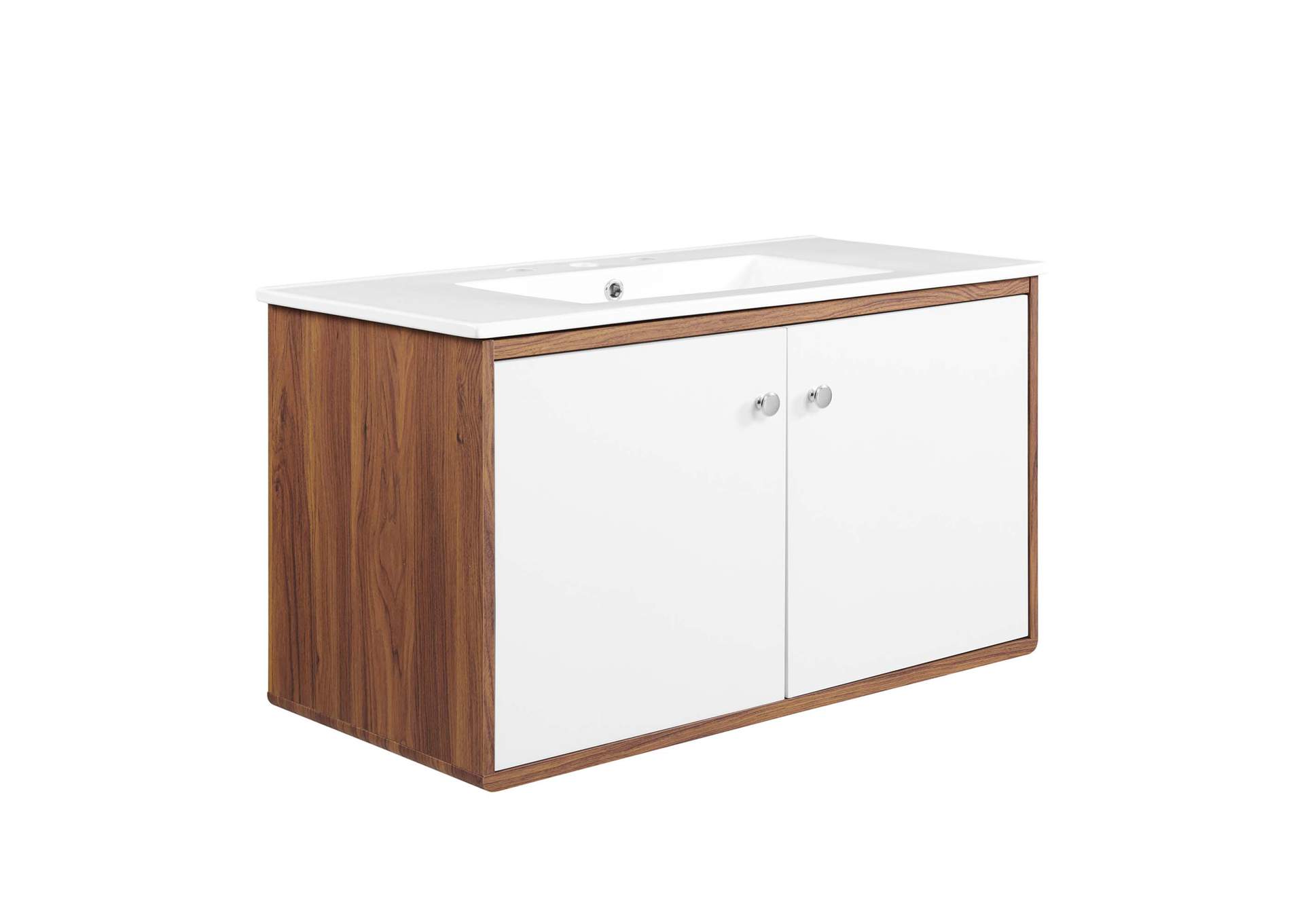 Walnut White Transmit 36" Wall-Mount Bathroom Vanity,Modway