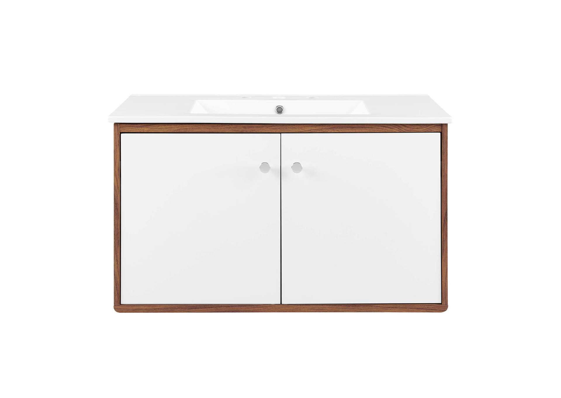 Walnut White Transmit 36" Wall-Mount Bathroom Vanity,Modway