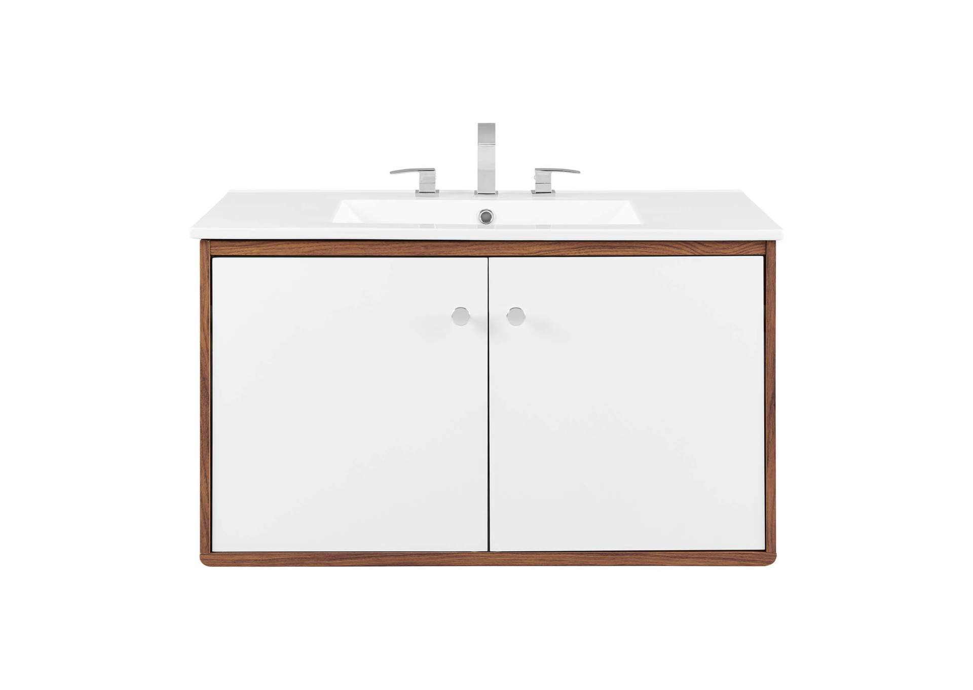 Walnut White Transmit 36" Wall-Mount Bathroom Vanity,Modway