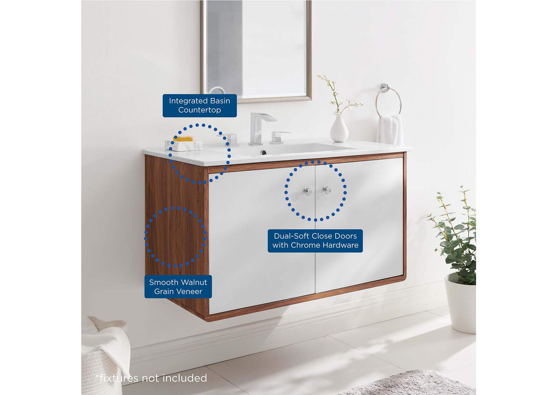 Walnut White Transmit 36" Wall-Mount Bathroom Vanity,Modway