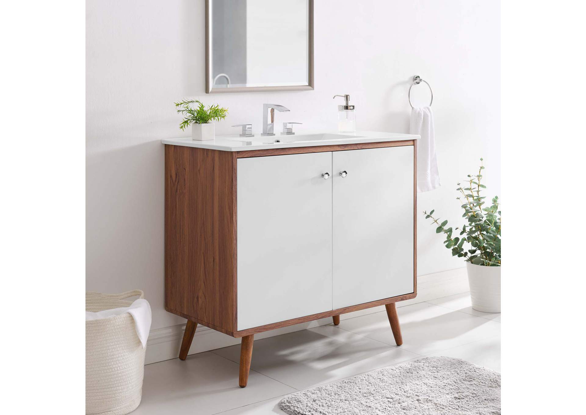 Walnut White Transmit 36" Bathroom Vanity,Modway