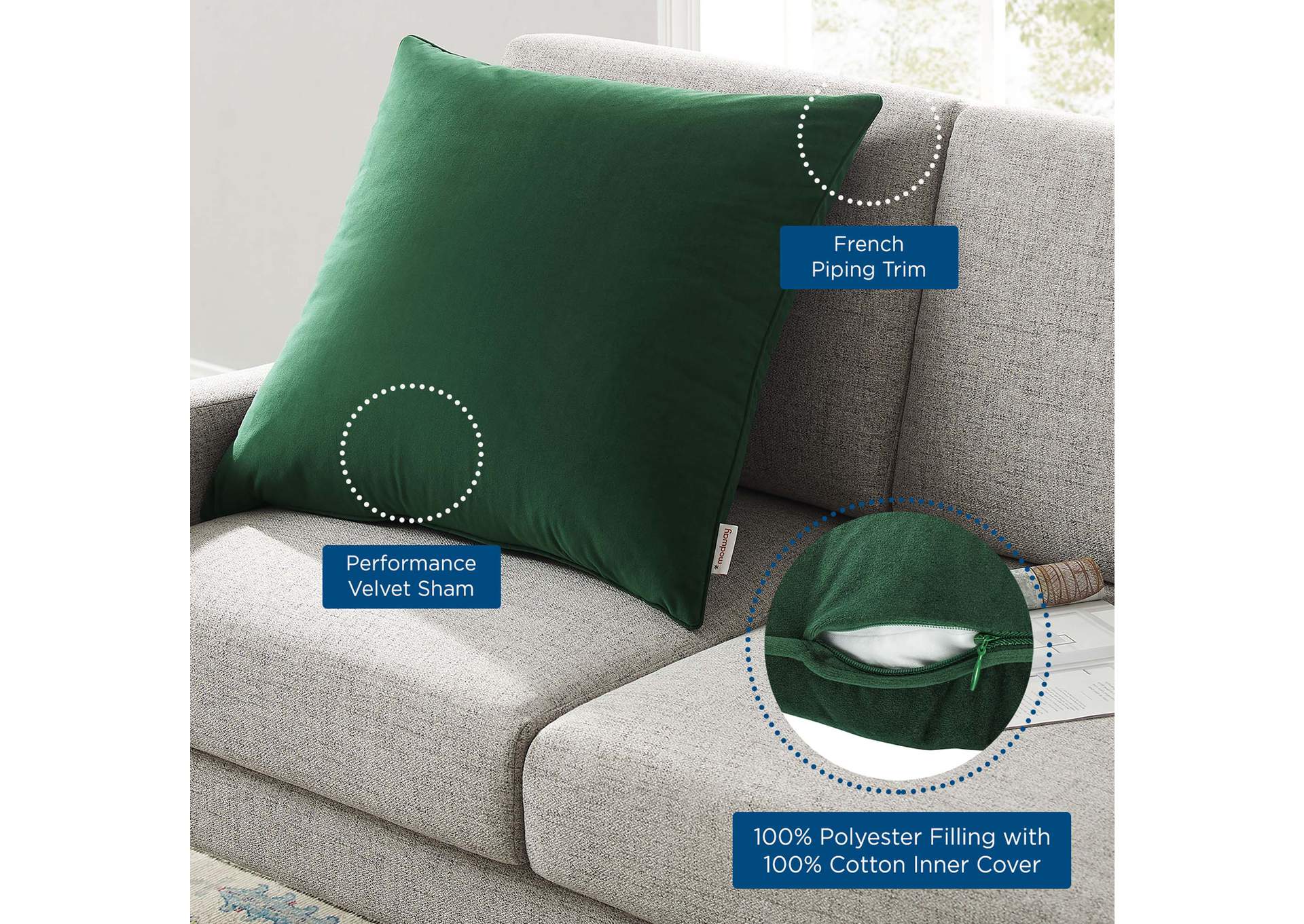 Green Enhance 24" Performance Velvet Throw Pillow,Modway