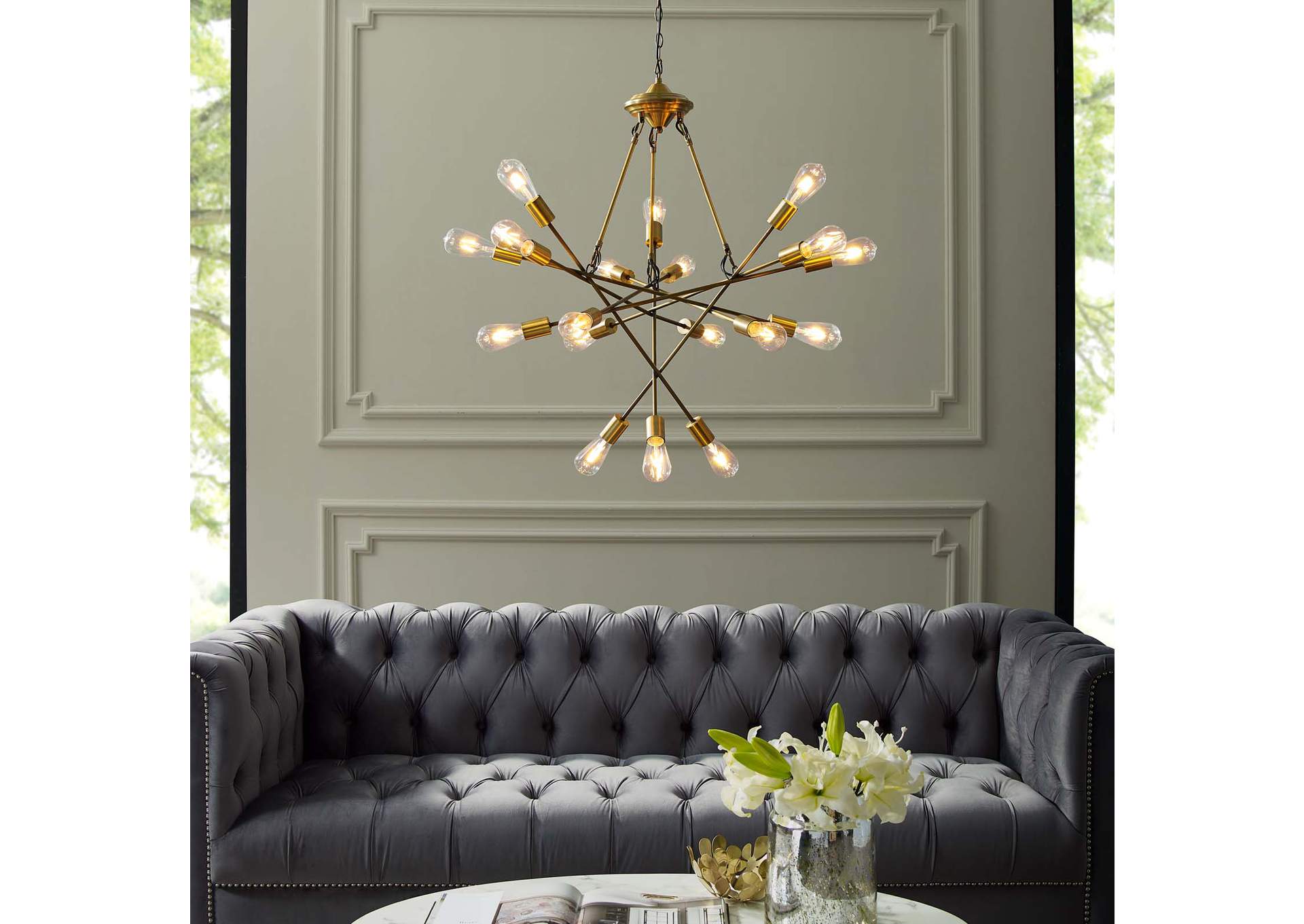 Request Antique Brass 18 Light Mid-Century Pendant Chandelier,Modway