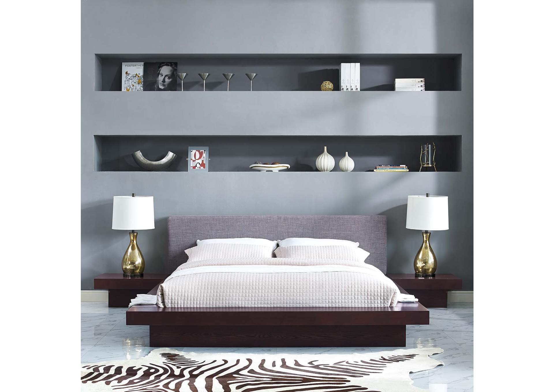 Cappuccino Gray Freja 3 Piece Queen Fabric Bedroom Set,Modway