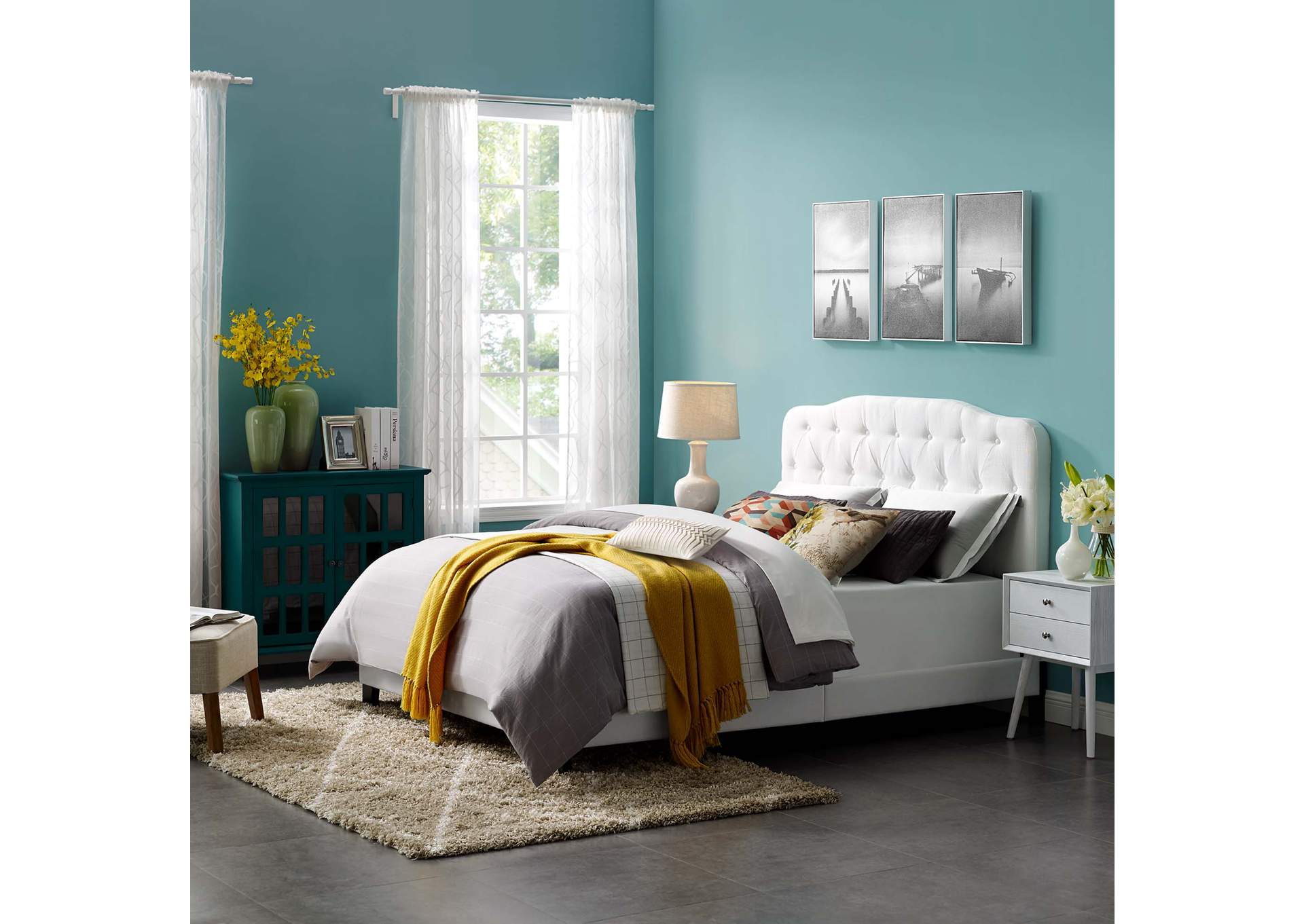 White Amelia Twin Upholstered Bed - Fabric,Modway